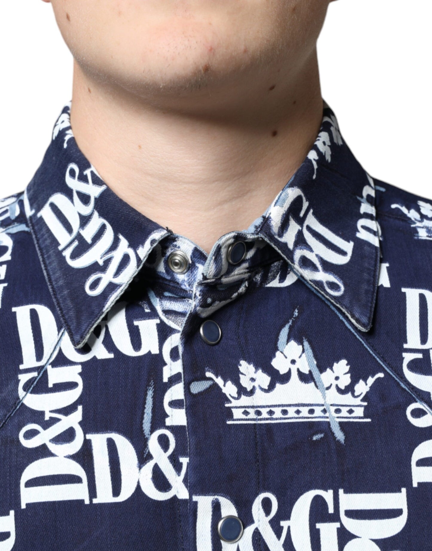 Dolce & Gabbana Blue Crown Logo Print Slim Fit Cotton Shirt Dolce & Gabbana