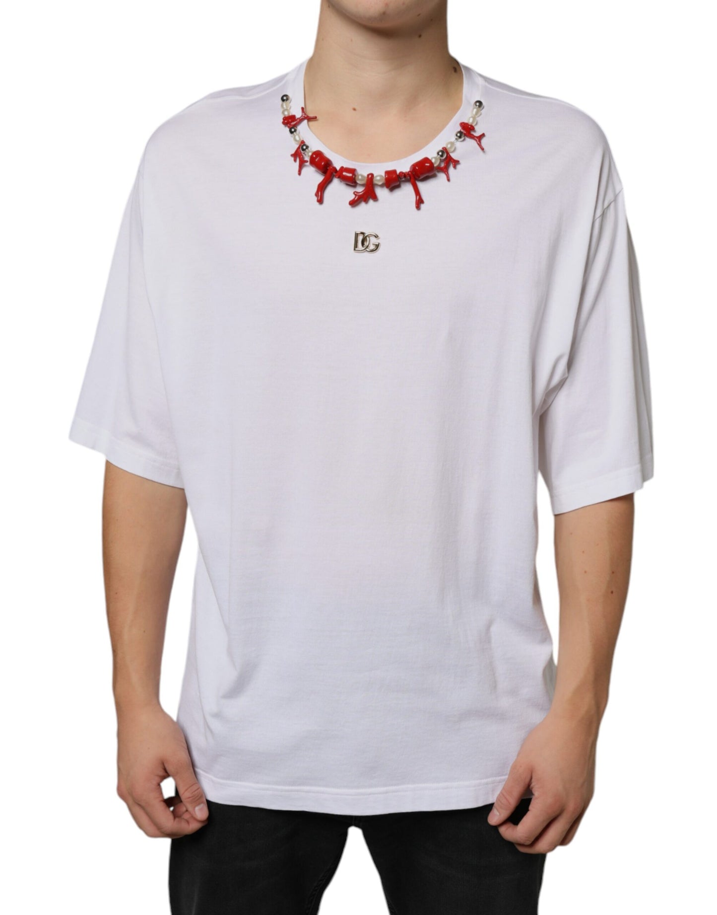 Dolce & Gabbana White Cotton Necklace Embellished T-shirt Dolce & Gabbana
