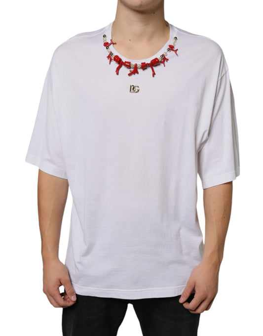 Dolce & Gabbana White Cotton Necklace Embellished T-shirt Dolce & Gabbana