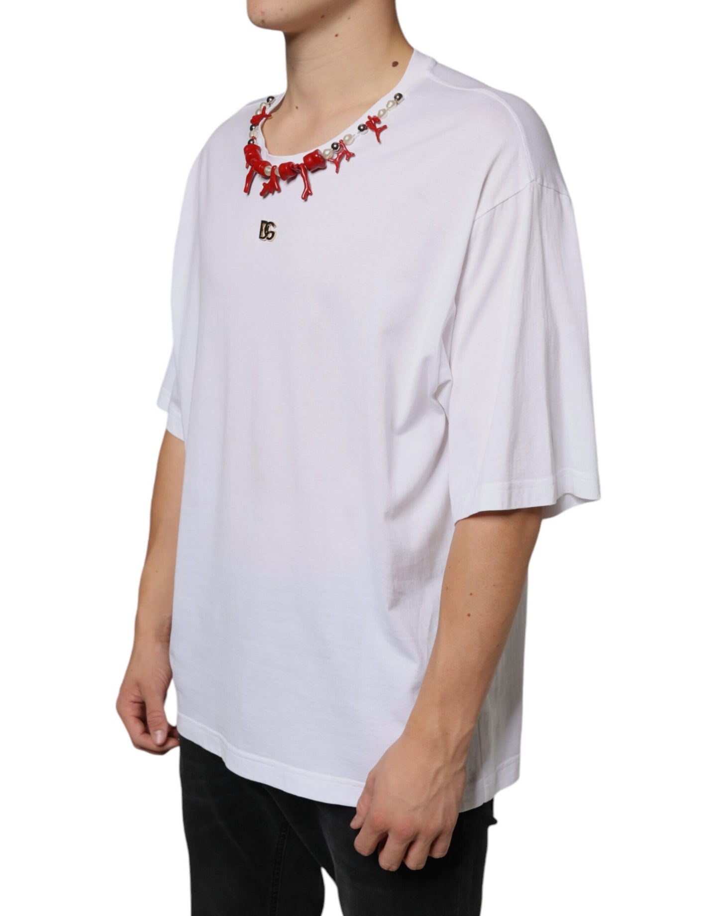 Dolce & Gabbana White Cotton Necklace Embellished T-shirt Dolce & Gabbana