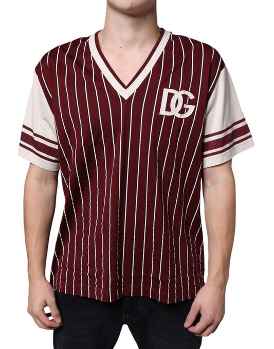 Dolce & Gabbana Maroon Stripes Cotton Logo V-neck T-shirt Dolce & Gabbana