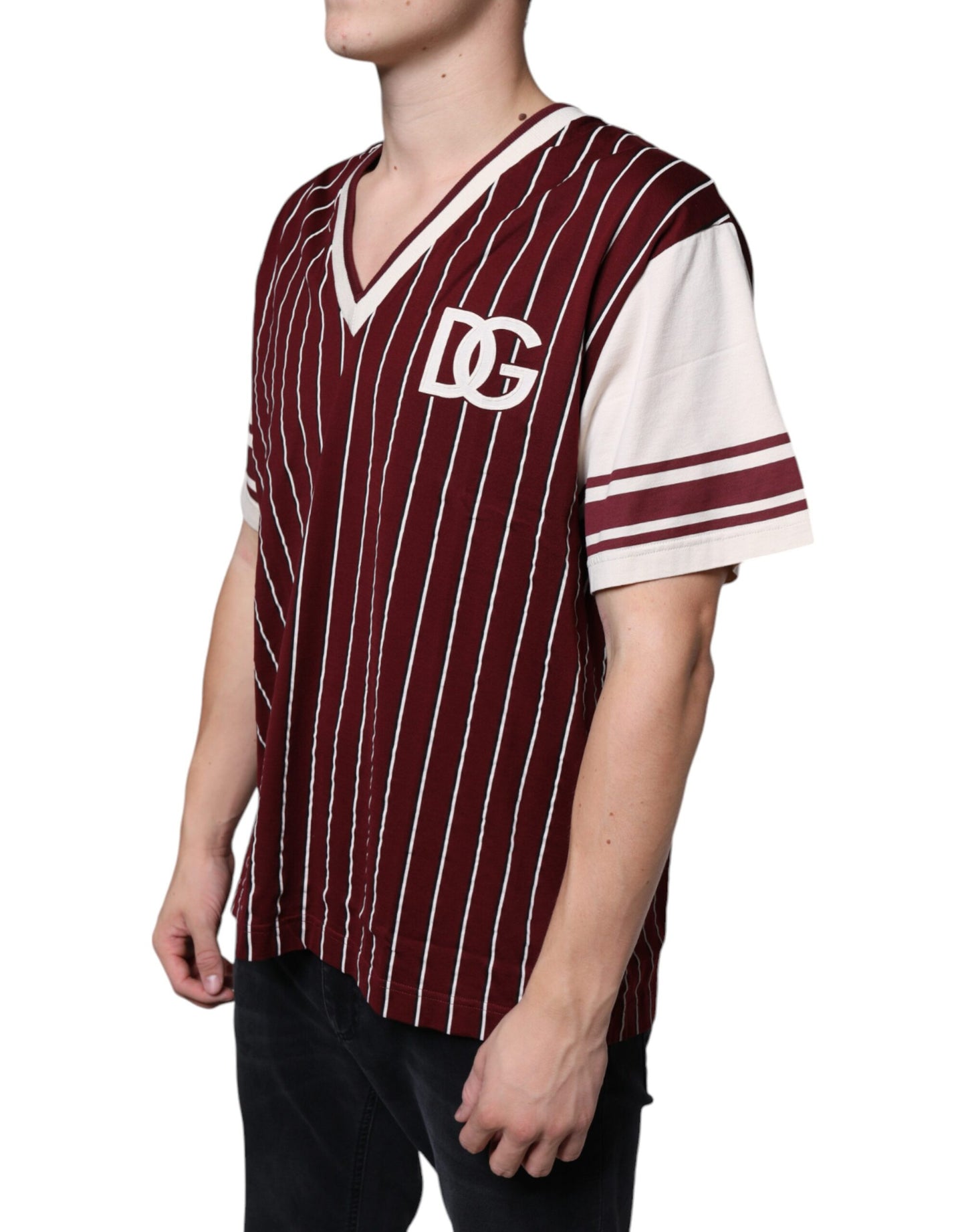 Dolce & Gabbana Maroon Stripes Cotton Logo V-neck T-shirt Dolce & Gabbana