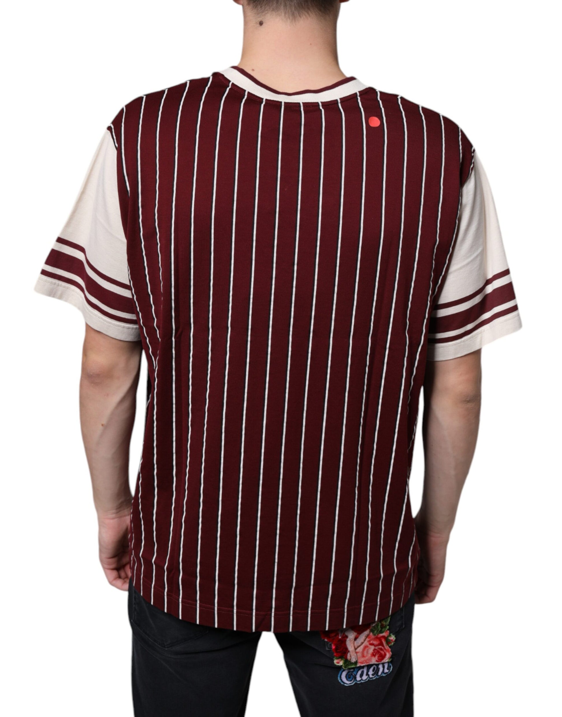 Dolce & Gabbana Maroon Stripes Cotton Logo V-neck T-shirt Dolce & Gabbana