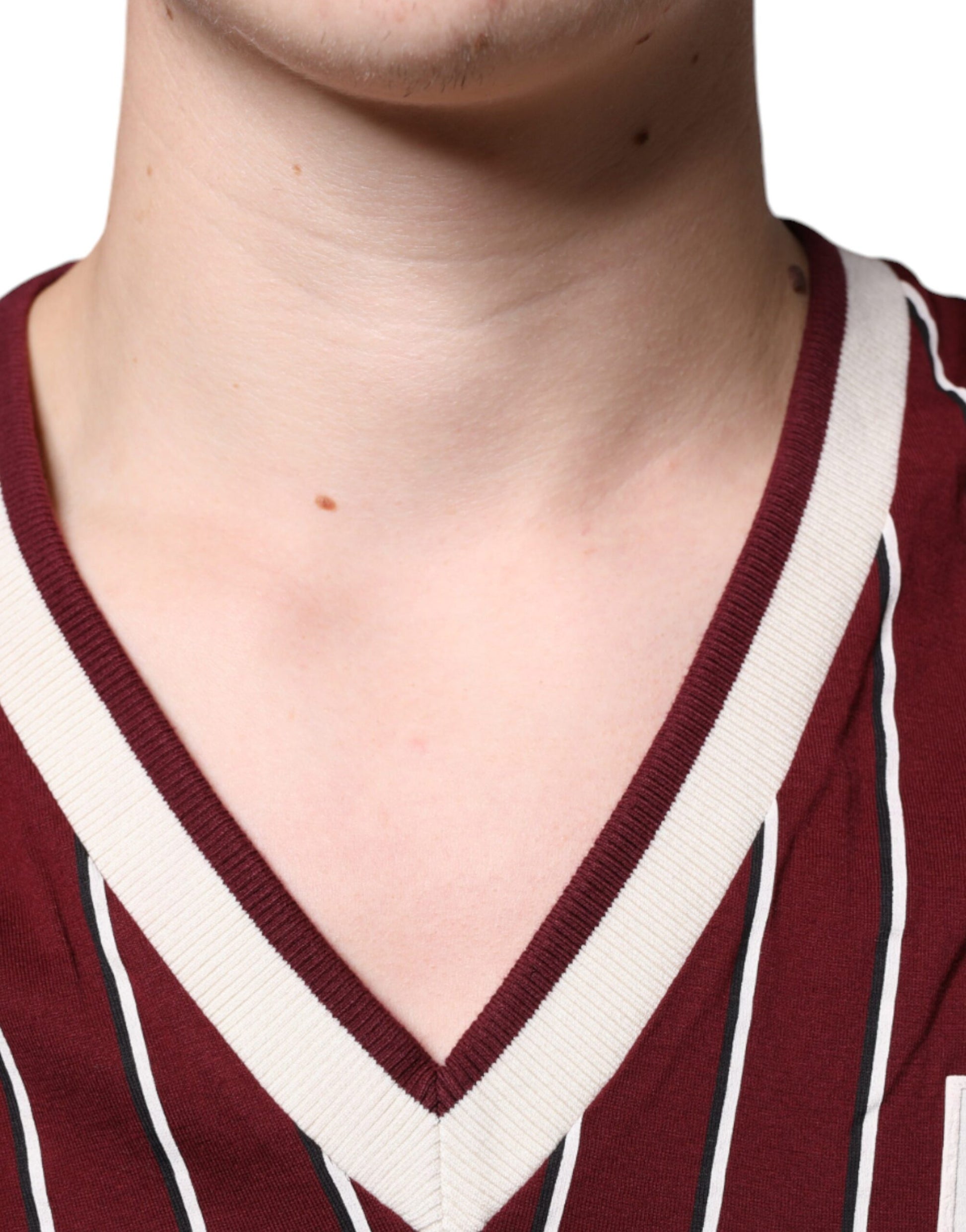 Dolce & Gabbana Maroon Stripes Cotton Logo V-neck T-shirt Dolce & Gabbana
