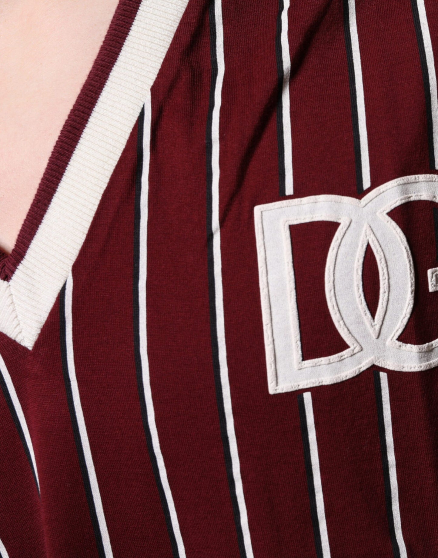 Dolce & Gabbana Maroon Stripes Cotton Logo V-neck T-shirt Dolce & Gabbana