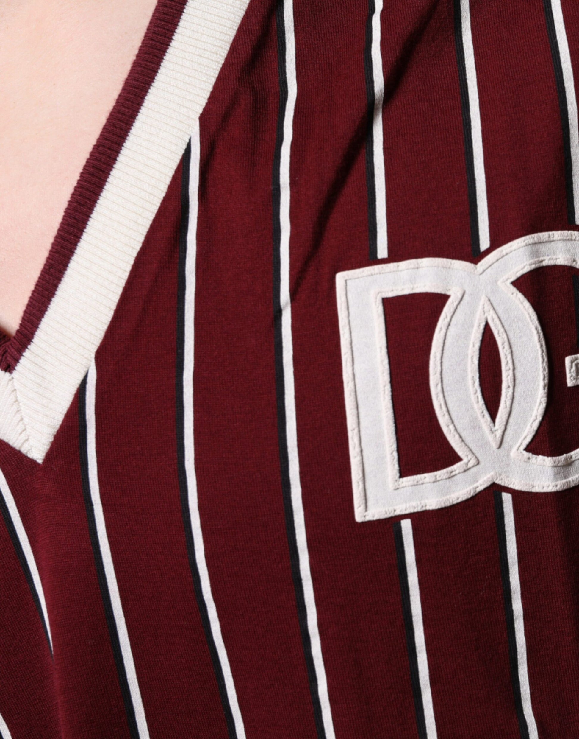 Dolce & Gabbana Maroon Stripes Cotton Logo V-neck T-shirt Dolce & Gabbana