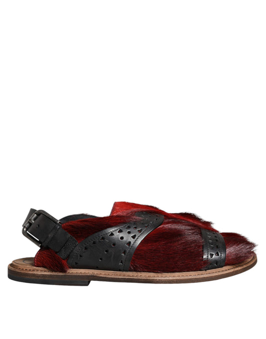 Dolce & Gabbana Black Red Gazelle Hair Leather Sandals Shoes Dolce & Gabbana