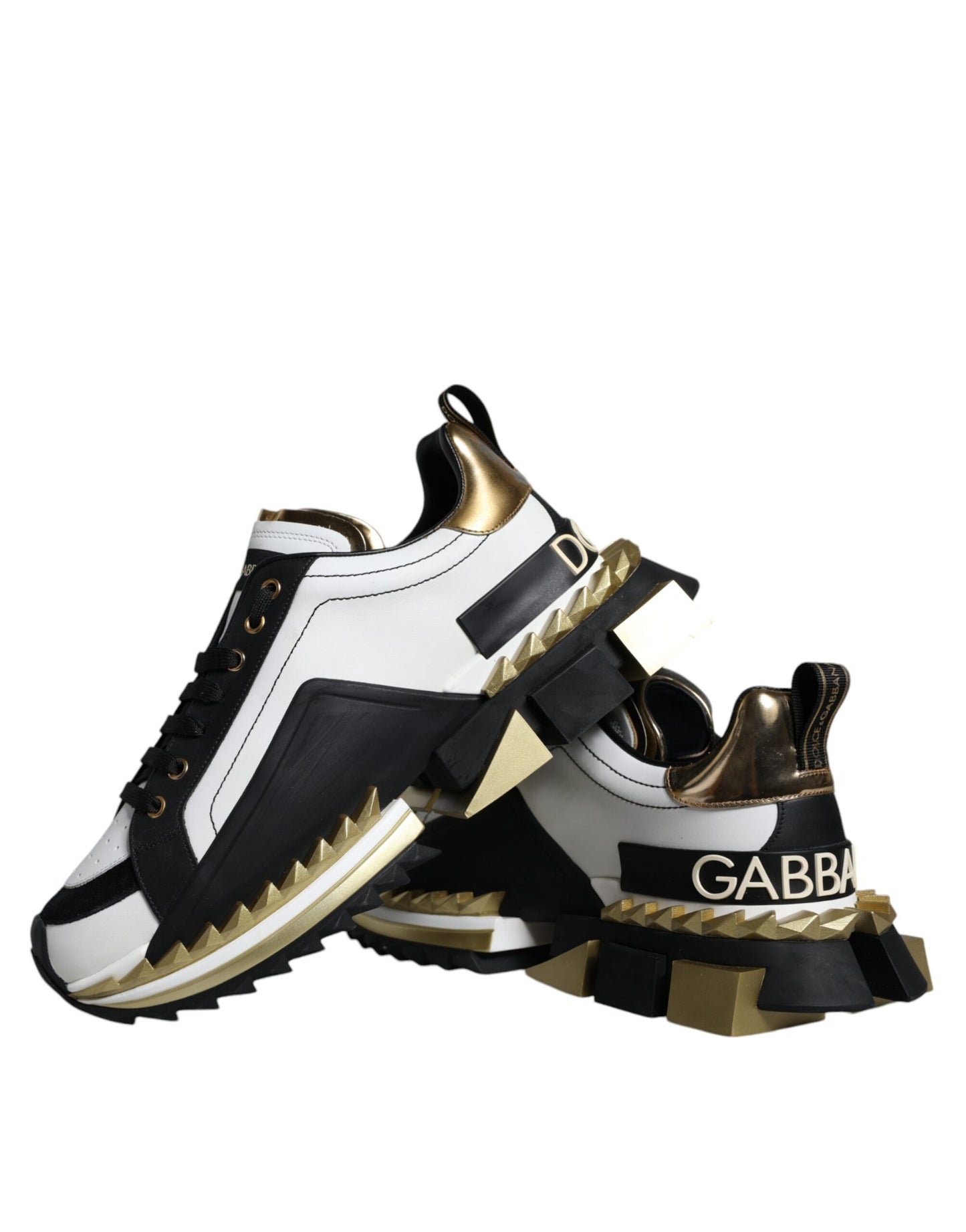 Dolce & Gabbana White Gold Black Leather SUPER KING Sneakers Shoes Dolce & Gabbana