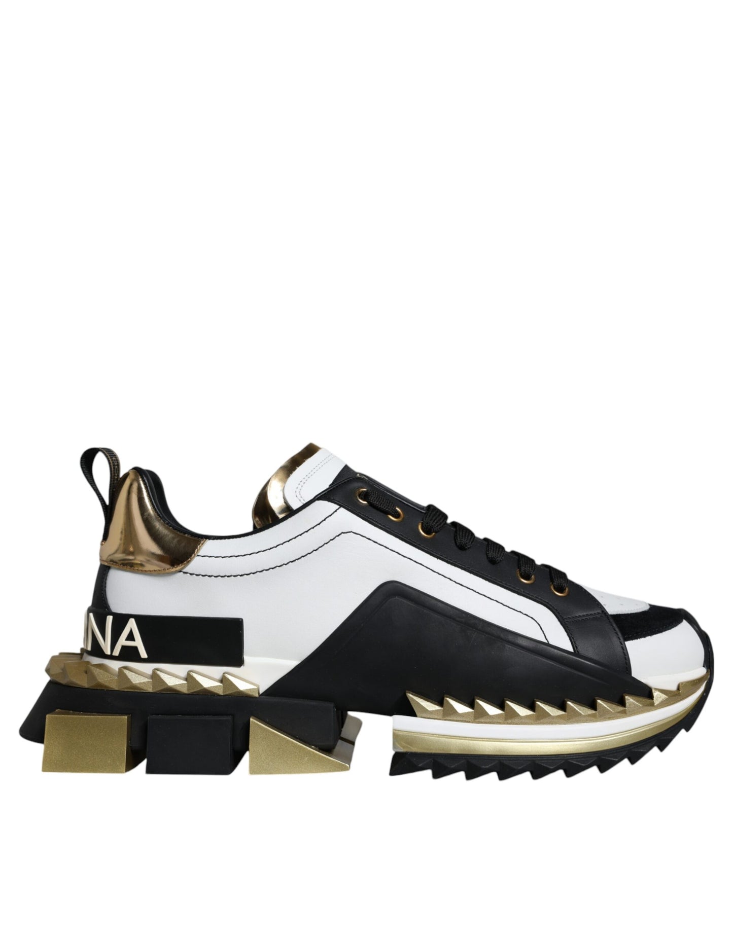 Dolce & Gabbana White Gold Black Leather SUPER KING Sneakers Shoes Dolce & Gabbana