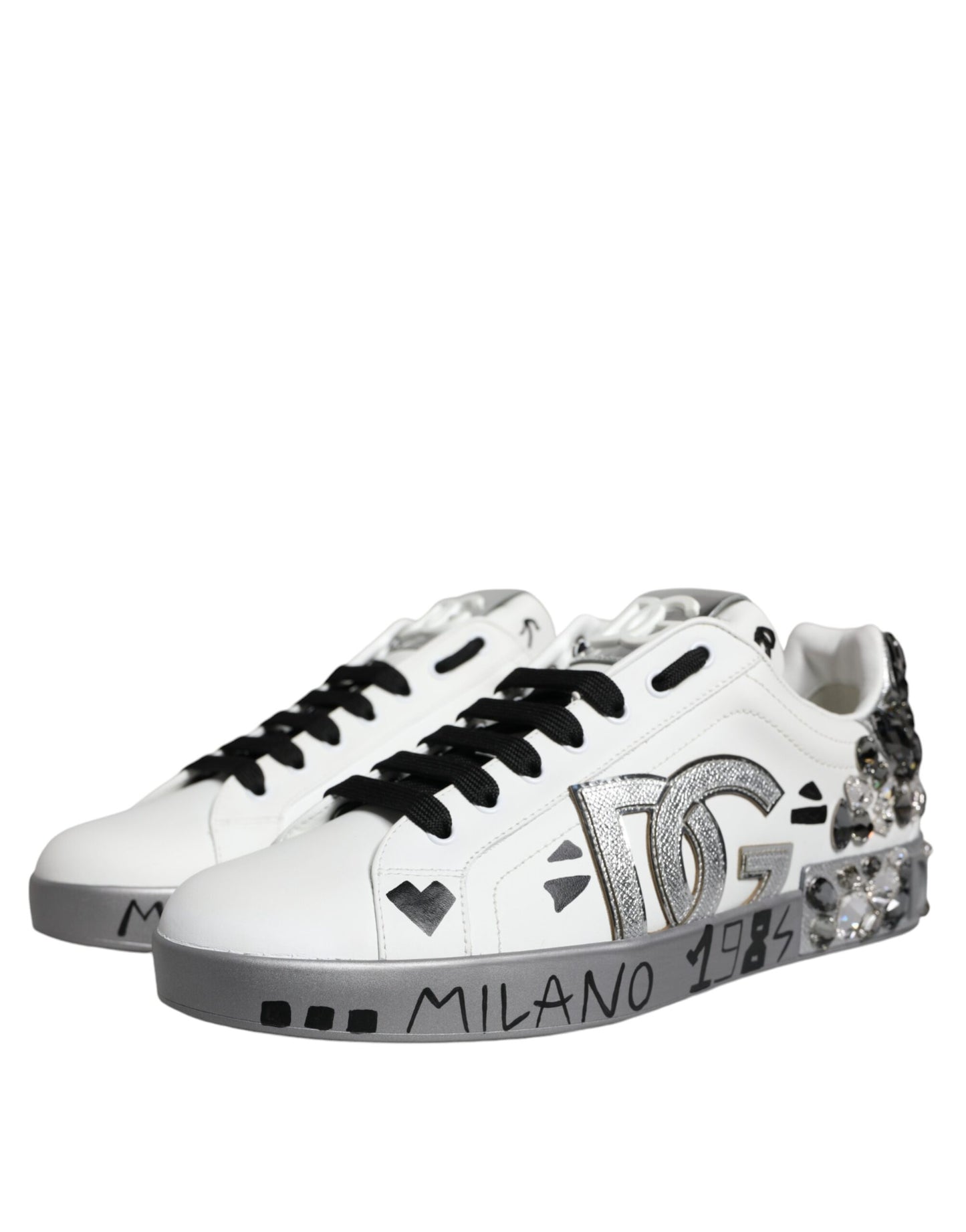 Dolce & Gabbana White Silver Crystal Logo Portofino Sneakers Shoes Dolce & Gabbana