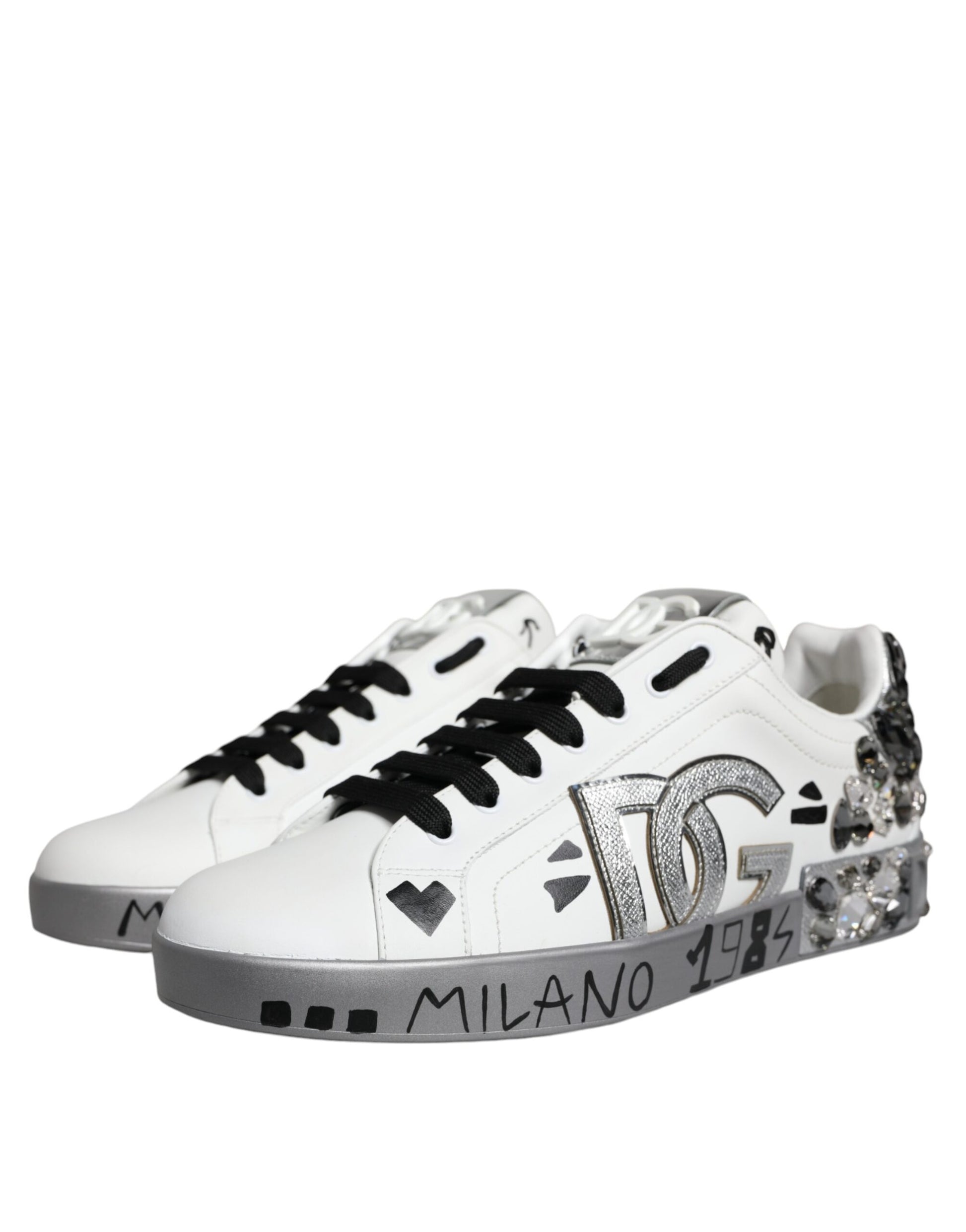 Dolce & Gabbana White Silver Crystal Logo Portofino Sneakers Shoes Dolce & Gabbana