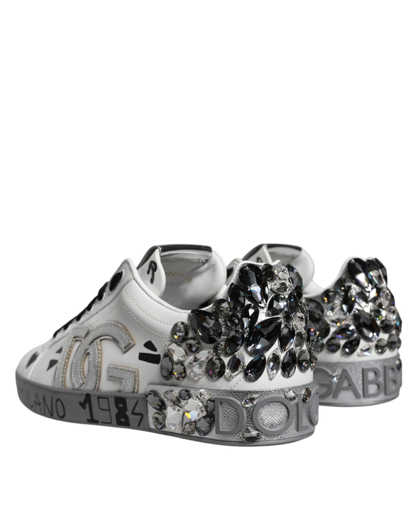 Dolce & Gabbana White Silver Crystal Logo Portofino Sneakers Shoes Dolce & Gabbana