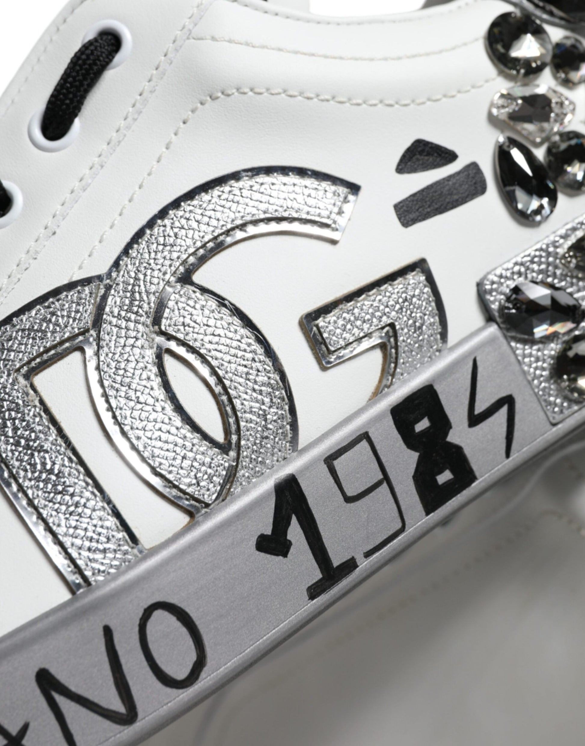 Dolce & Gabbana White Silver Crystal Logo Portofino Sneakers Shoes Dolce & Gabbana