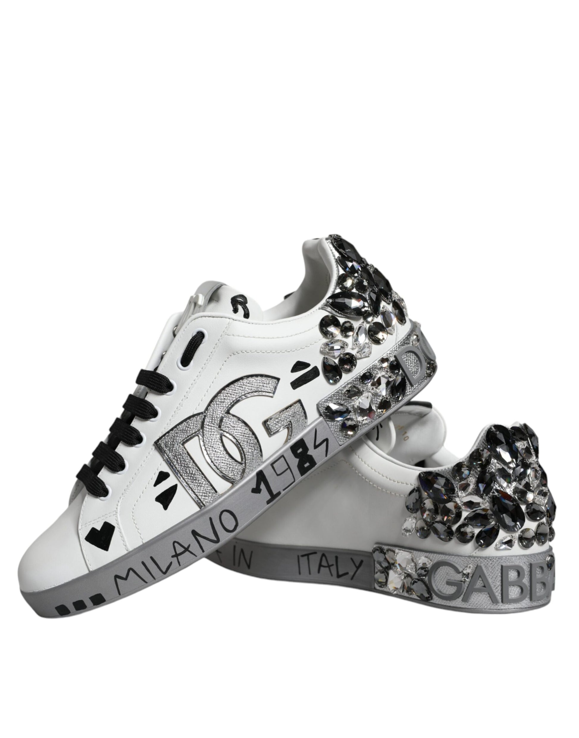 Dolce & Gabbana White Silver Crystal Logo Portofino Sneakers Shoes Dolce & Gabbana