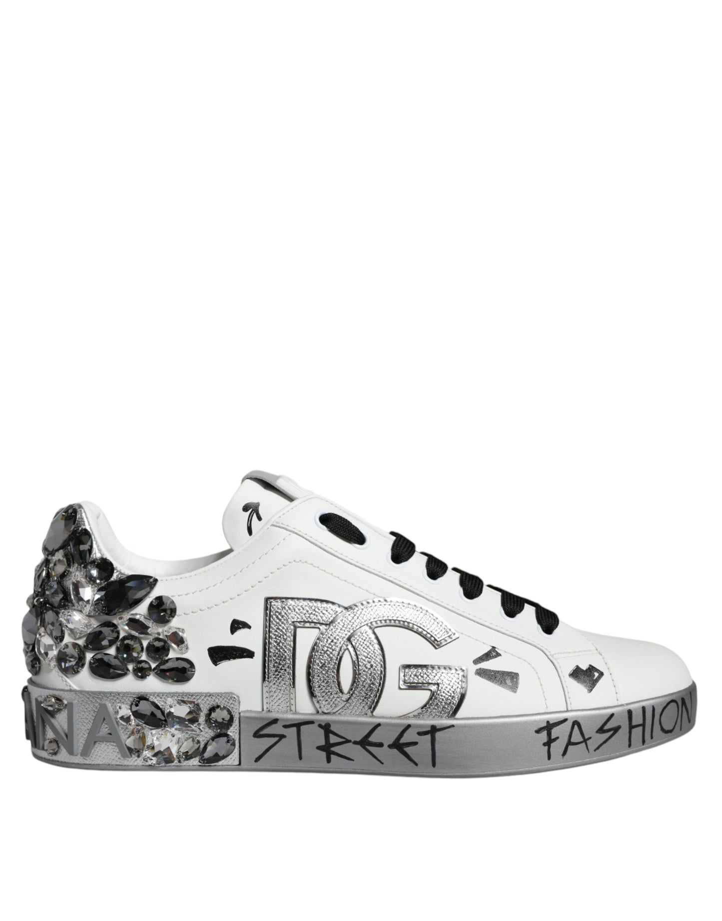 Dolce & Gabbana White Silver Crystal Logo Portofino Sneakers Shoes Dolce & Gabbana