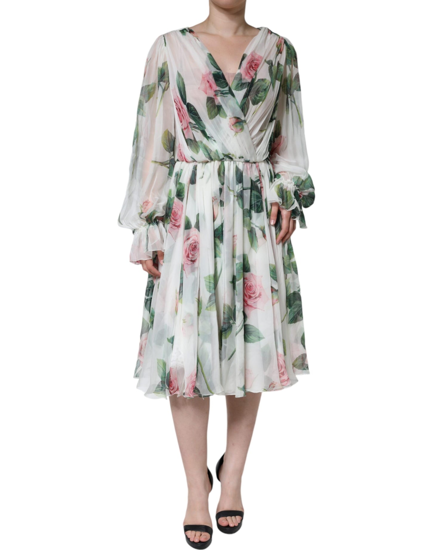 Dolce & Gabbana White Silk Floral Print A-line Midi Dress Dolce & Gabbana