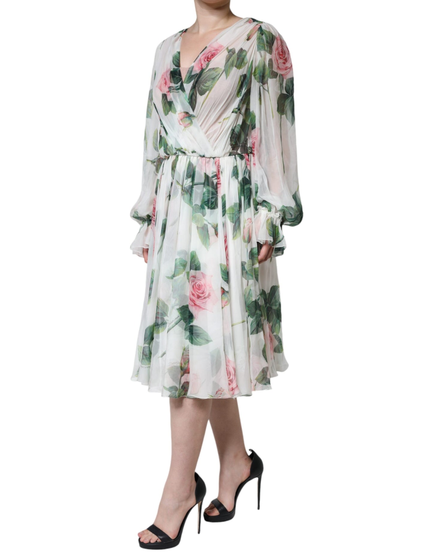 Dolce & Gabbana White Silk Floral Print A-line Midi Dress Dolce & Gabbana