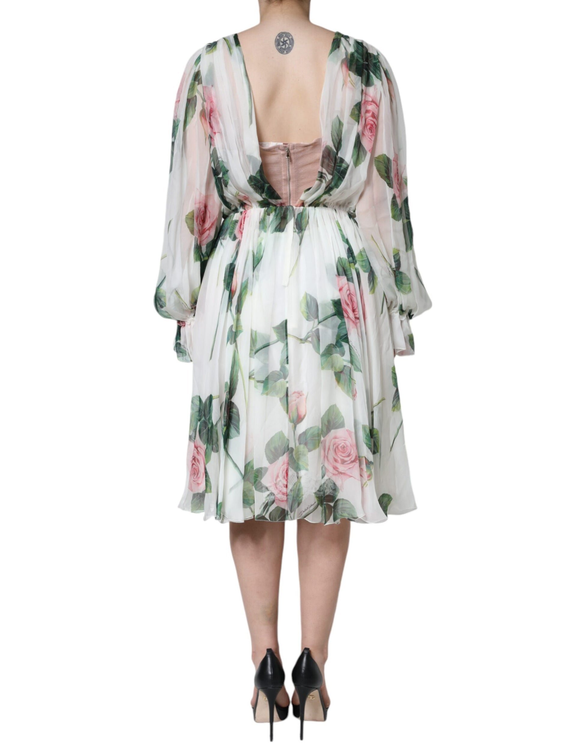 Dolce & Gabbana White Silk Floral Print A-line Midi Dress Dolce & Gabbana