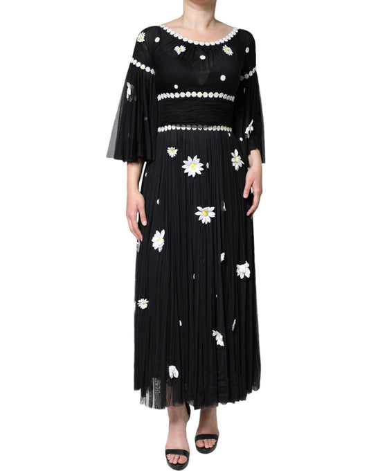 Dolce & Gabbana Black Silk Daisy A-line Long Maxi Dress Dolce & Gabbana