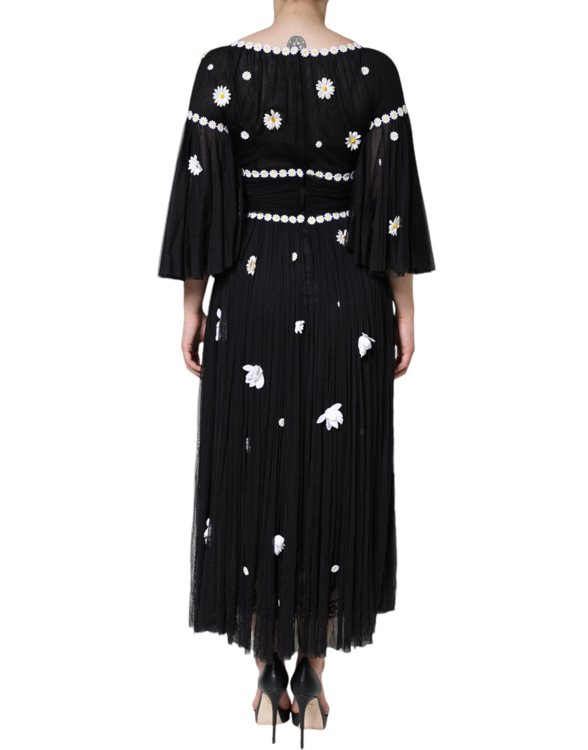 Dolce & Gabbana Black Silk Daisy A-line Long Maxi Dress Dolce & Gabbana