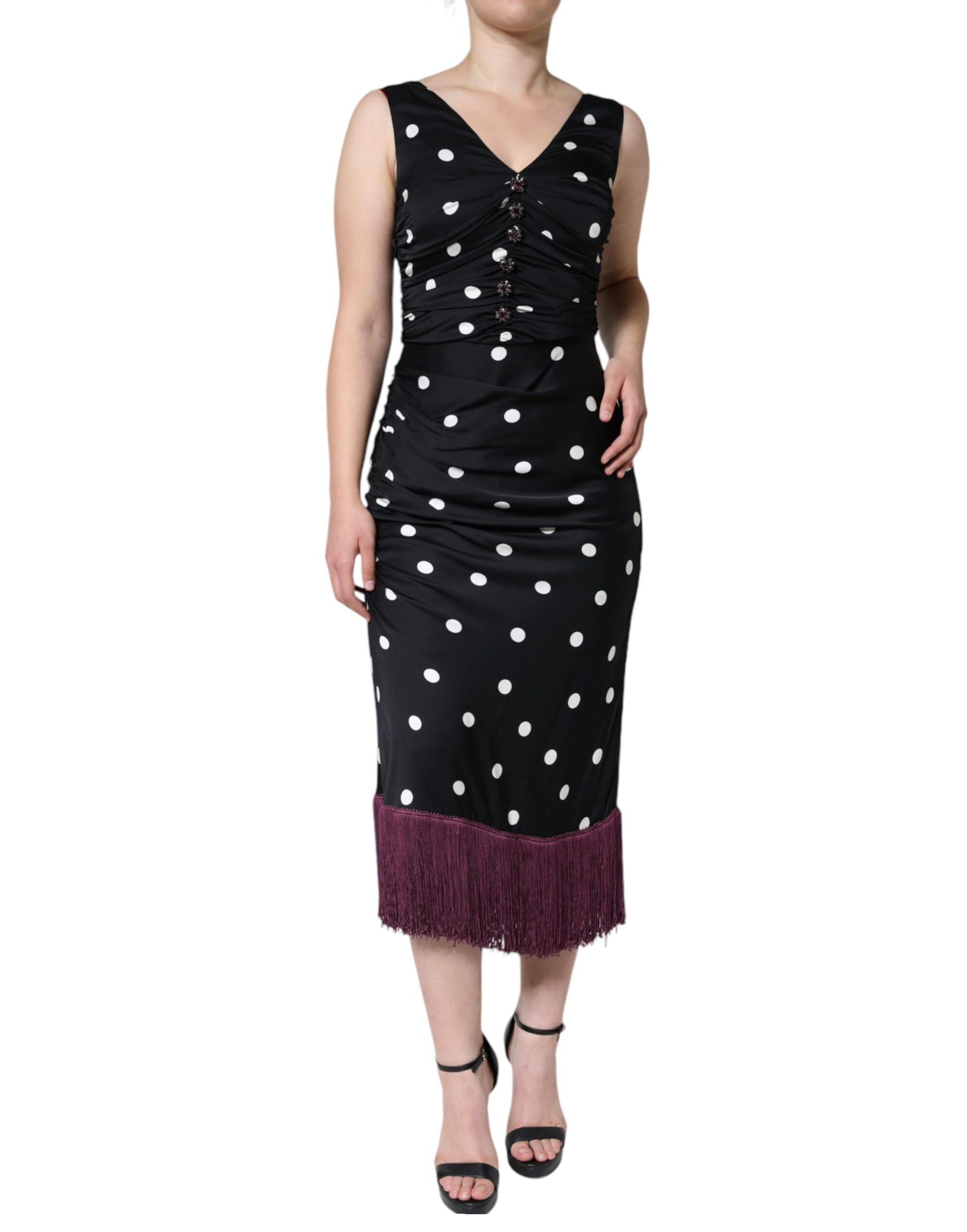 Dolce & Gabbana Black Silk Polka Dot Vneck Tassel Midi Dress Dolce & Gabbana