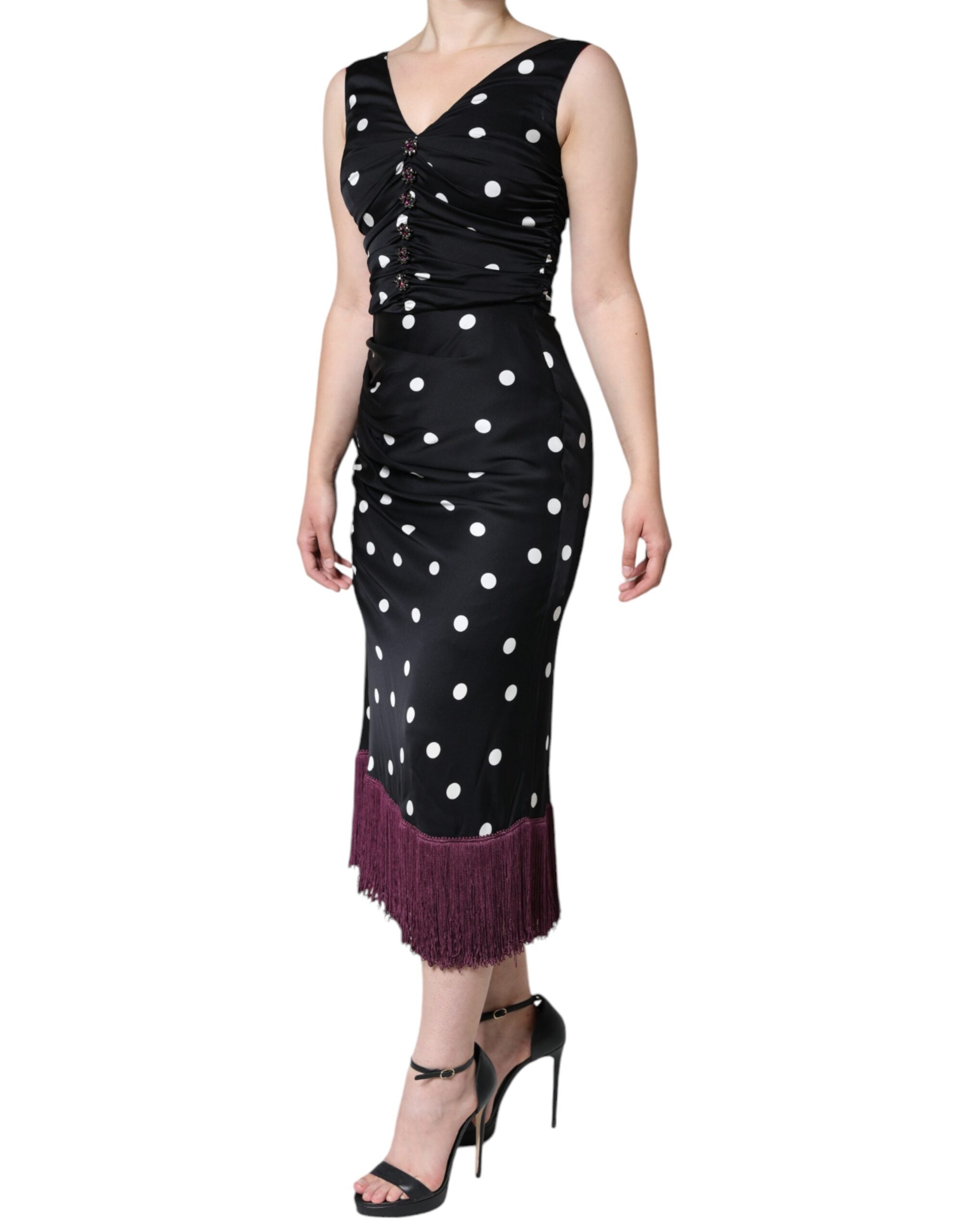 Dolce & Gabbana Black Silk Polka Dot Vneck Tassel Midi Dress Dolce & Gabbana