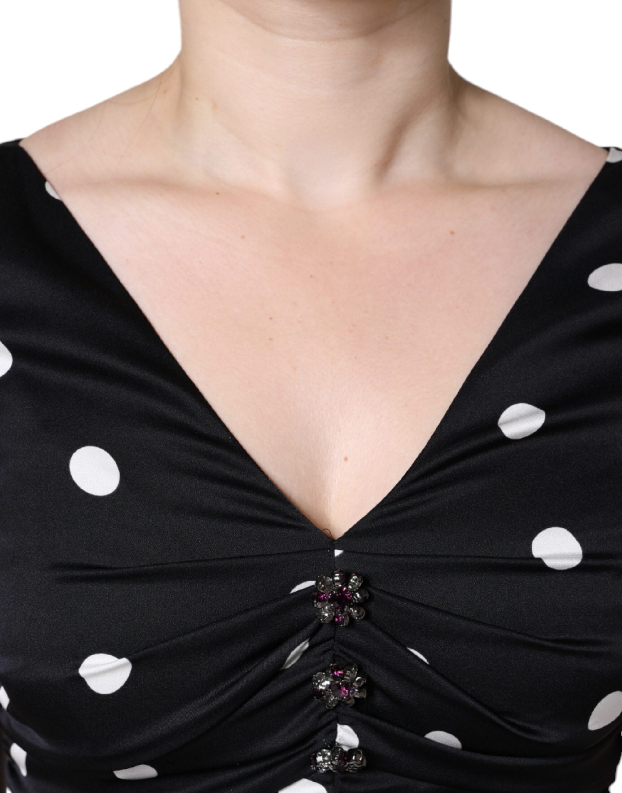 Dolce & Gabbana Black Silk Polka Dot Vneck Tassel Midi Dress Dolce & Gabbana