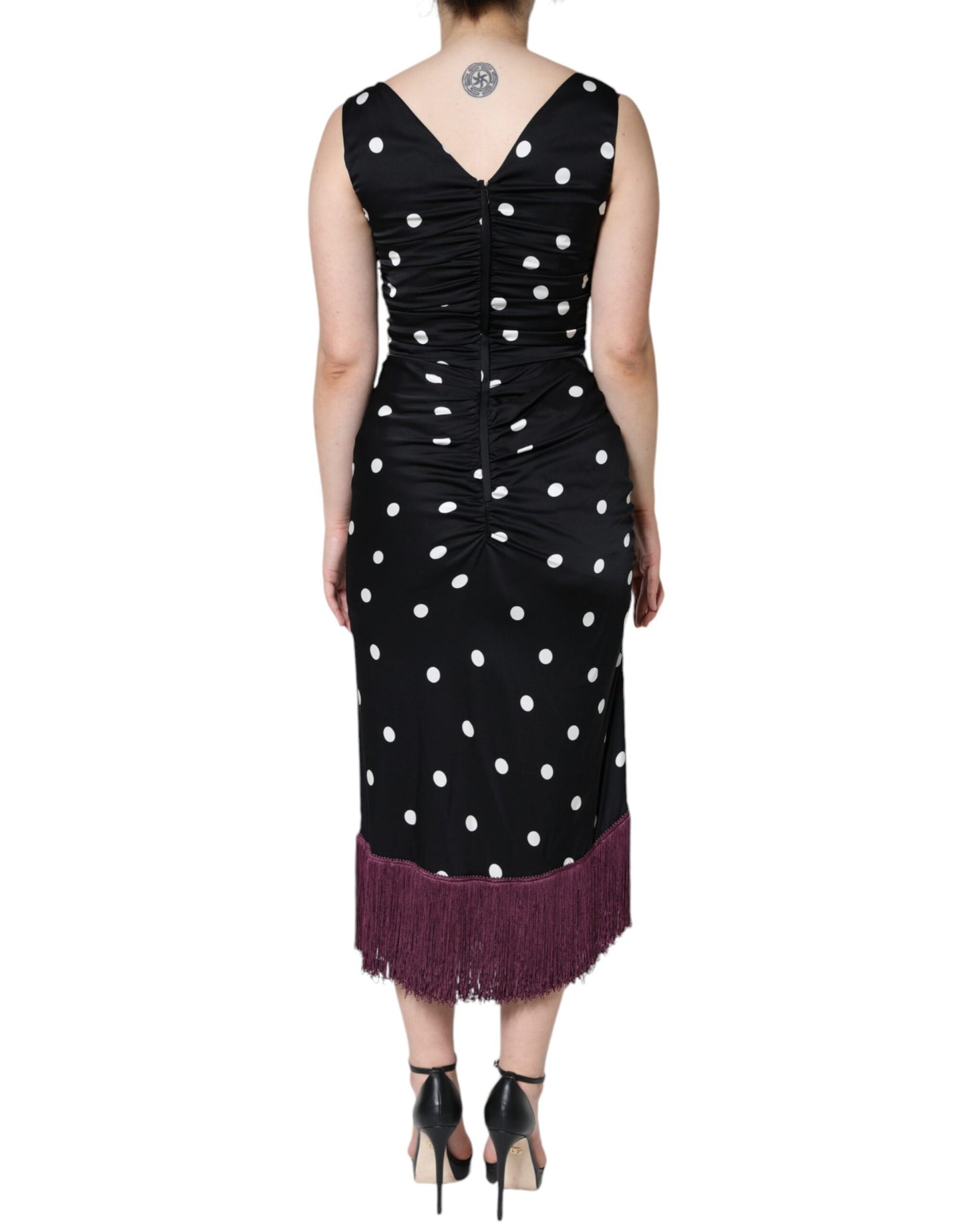 Dolce & Gabbana Black Silk Polka Dot Vneck Tassel Midi Dress Dolce & Gabbana