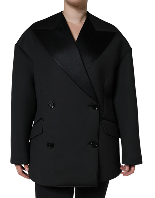 Dolce & Gabbana Black Polyester Double Breasted Coat Jacket Dolce & Gabbana