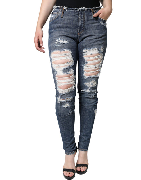 Dolce & Gabbana Blue Cotton Stretch Tattered Skinny Jeans Dolce & Gabbana