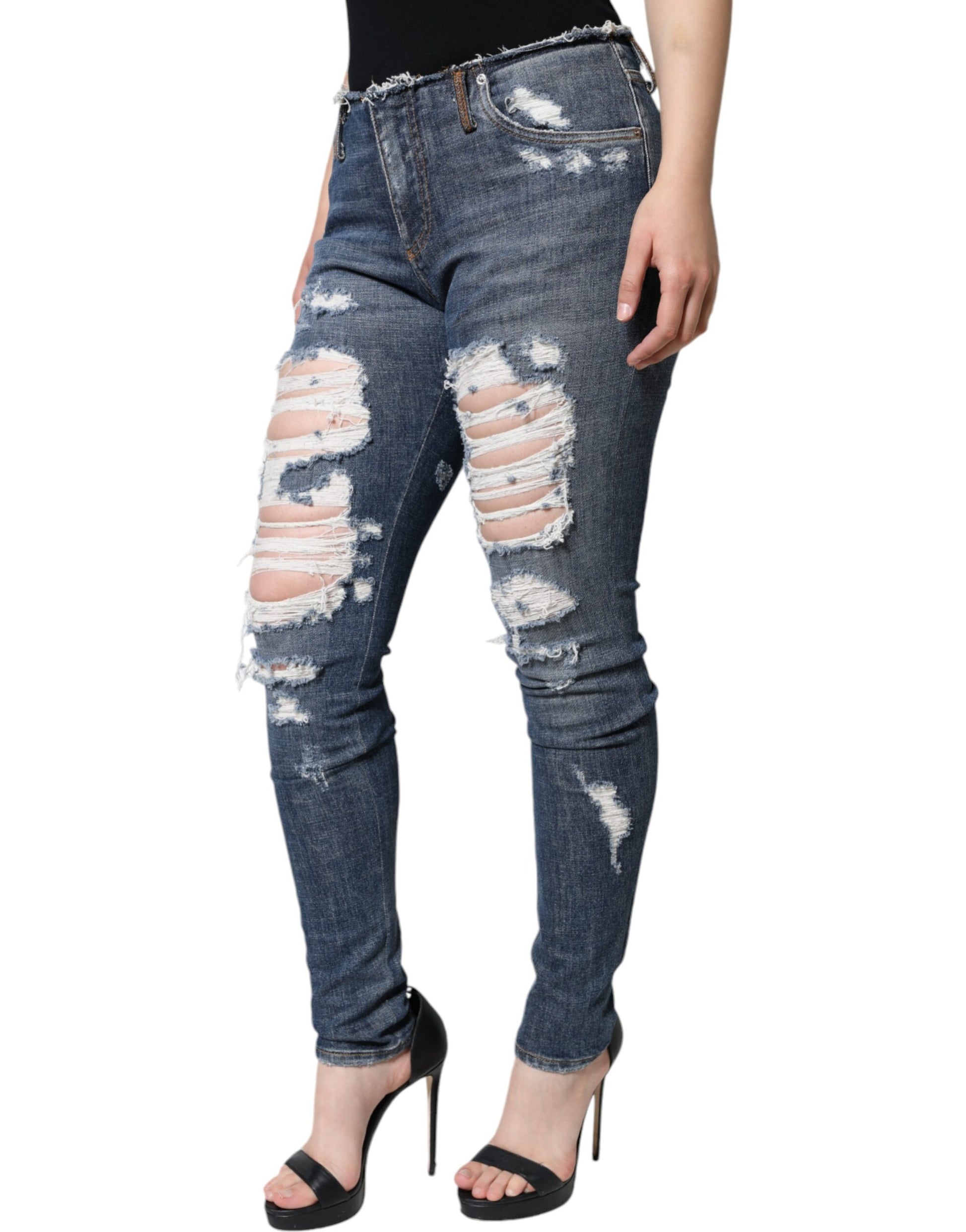 Dolce & Gabbana Blue Cotton Stretch Tattered Skinny Jeans Dolce & Gabbana
