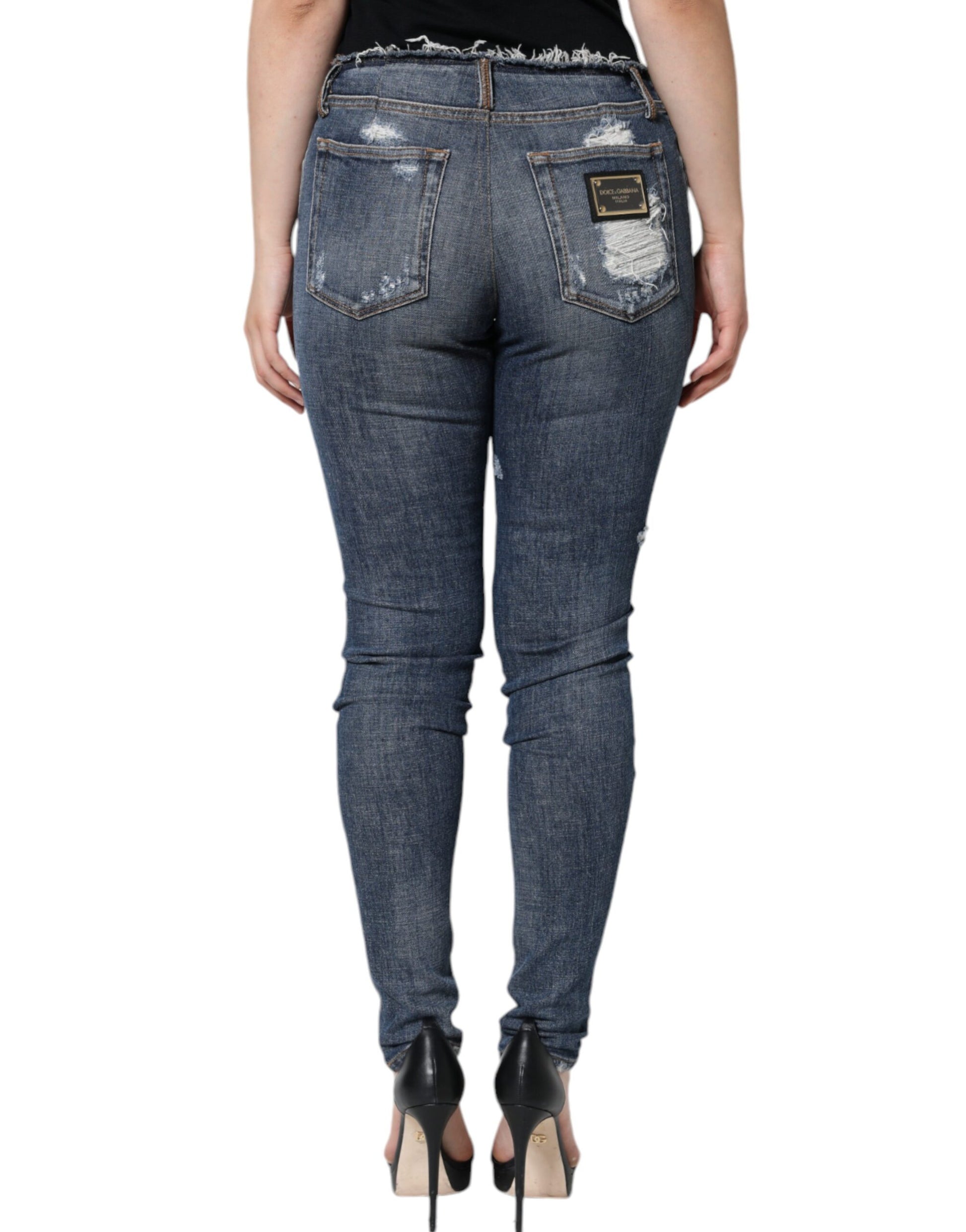 Dolce & Gabbana Blue Cotton Stretch Tattered Skinny Jeans Dolce & Gabbana