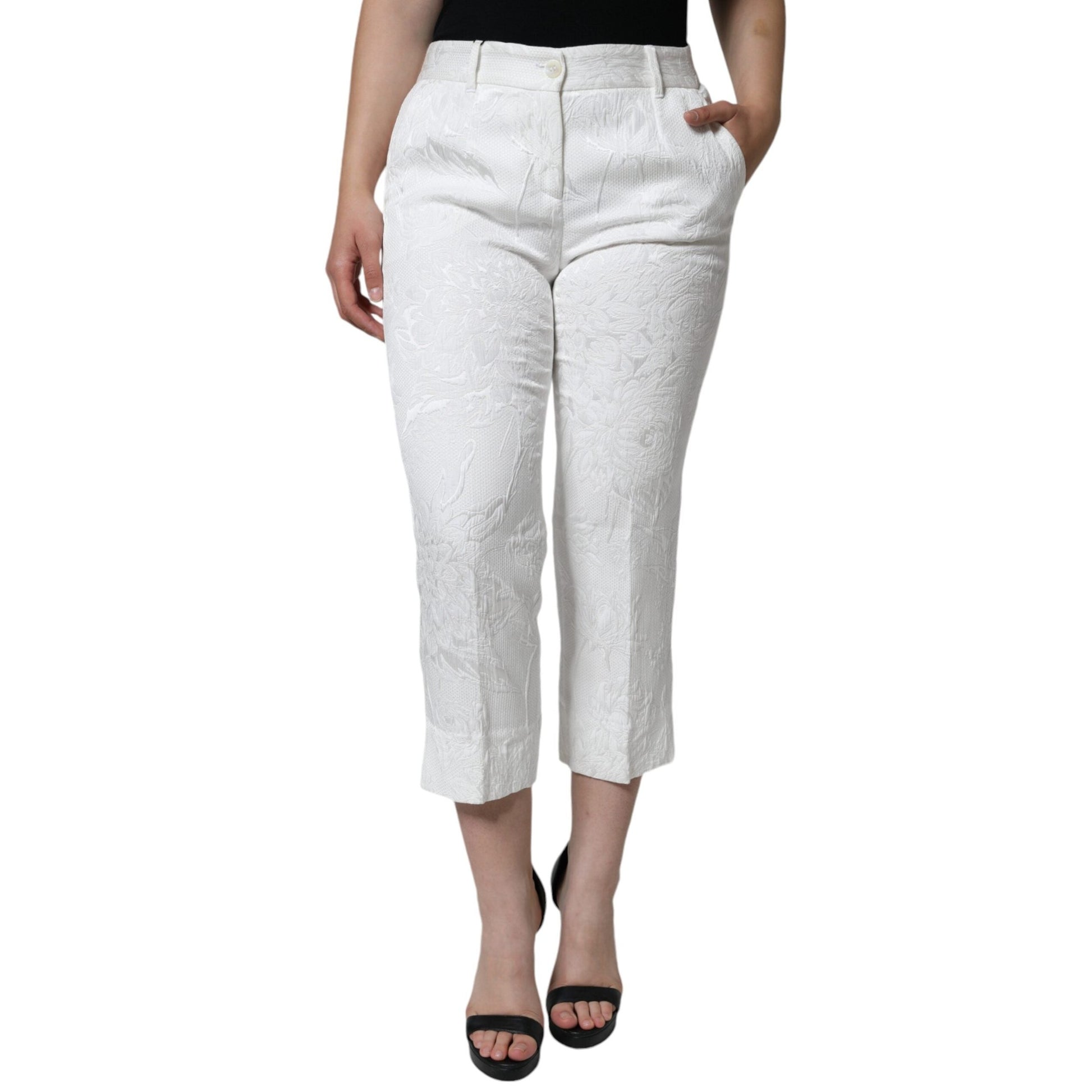 Dolce & Gabbana White Floral Brocade Cotton Cropped Pants Dolce & Gabbana