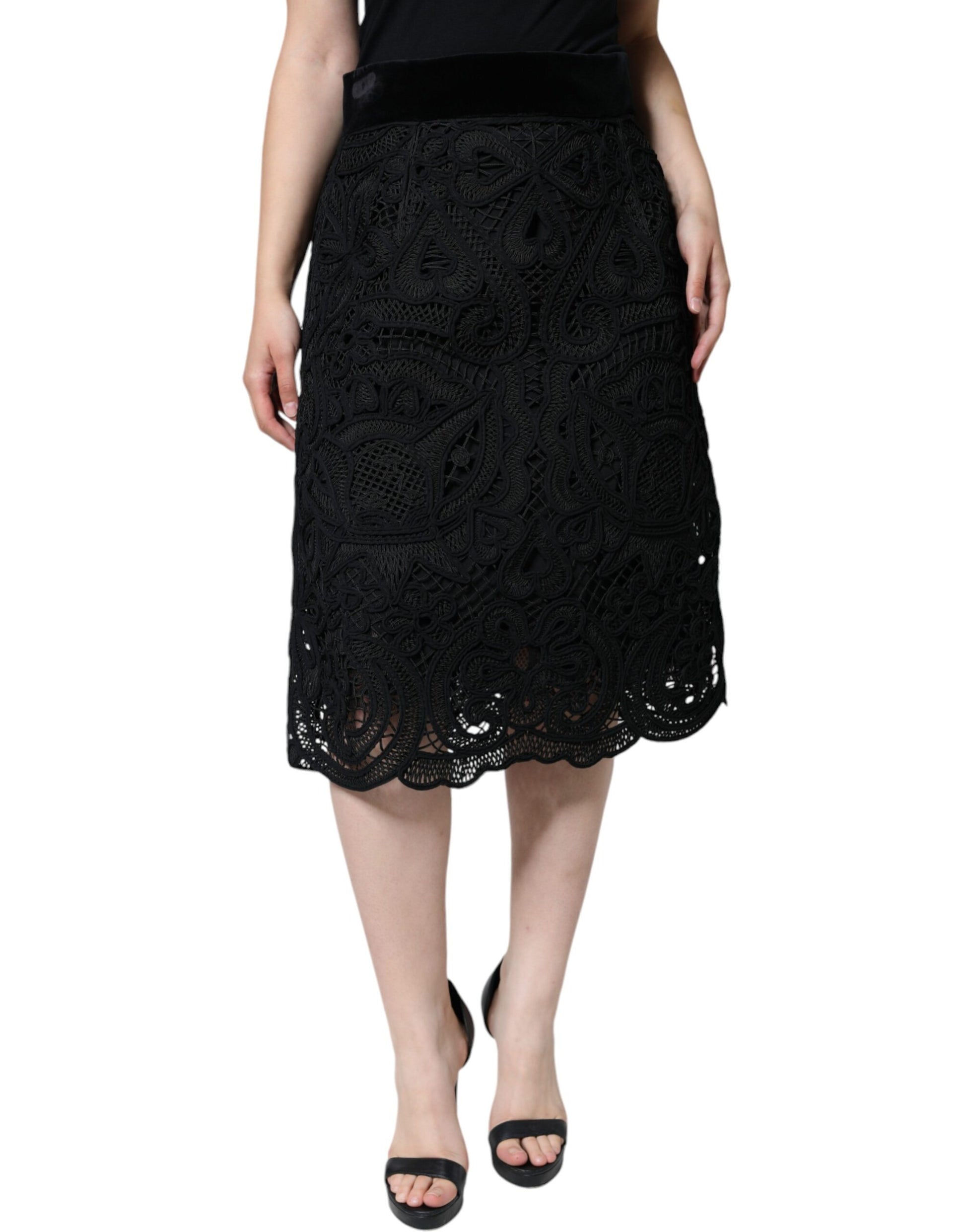 Dolce & Gabbana Black Floral Lace High Waist Pencil Cut Skirt Dolce & Gabbana