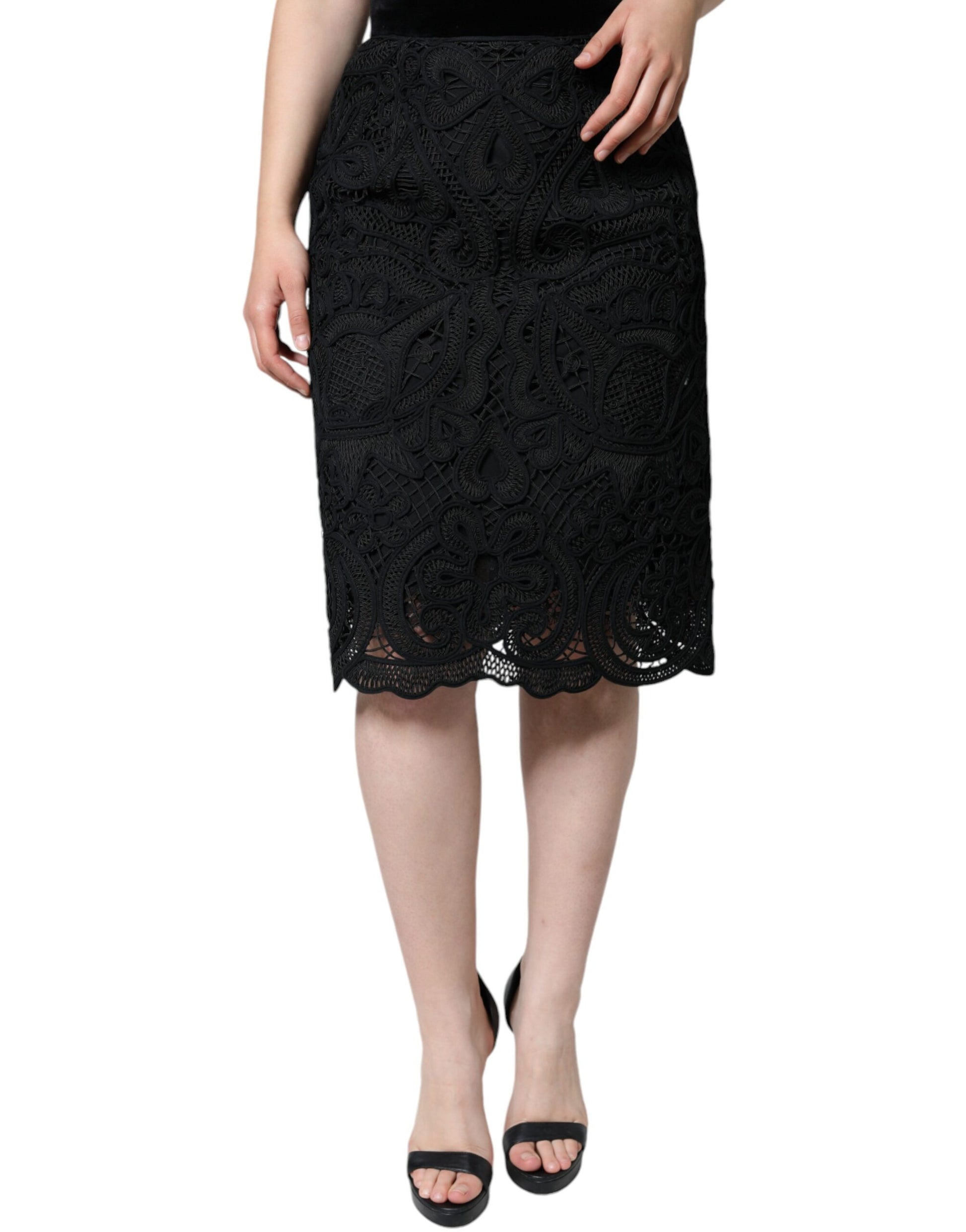 Dolce & Gabbana Black Floral Lace HighWaist Pencil Cut Skirt Dolce & Gabbana