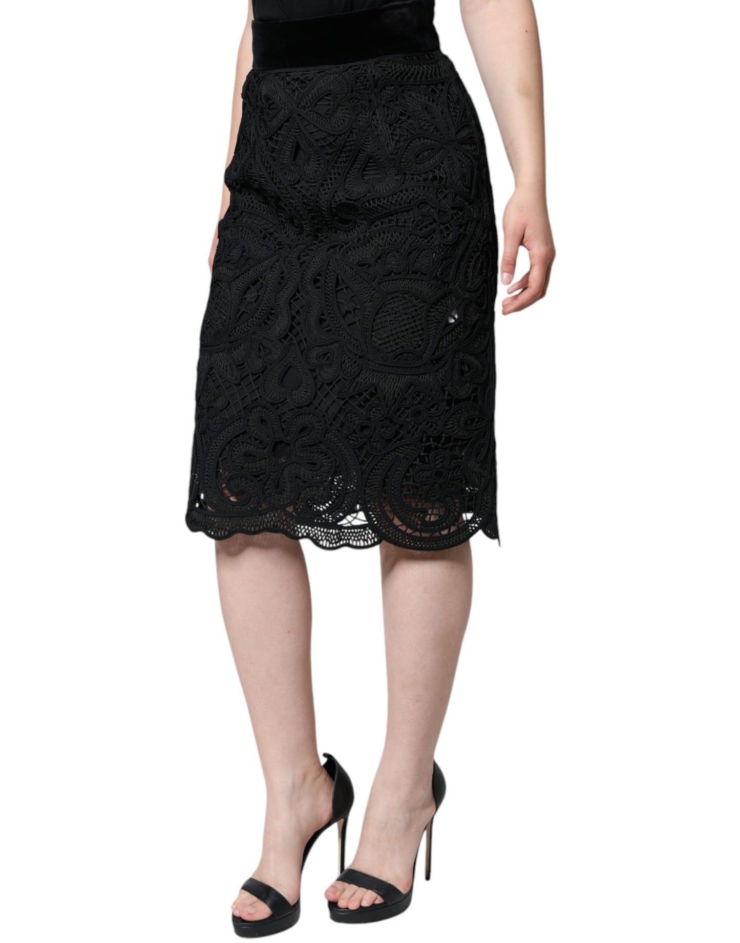 Dolce & Gabbana Black Floral Lace HighWaist Pencil Cut Skirt Dolce & Gabbana