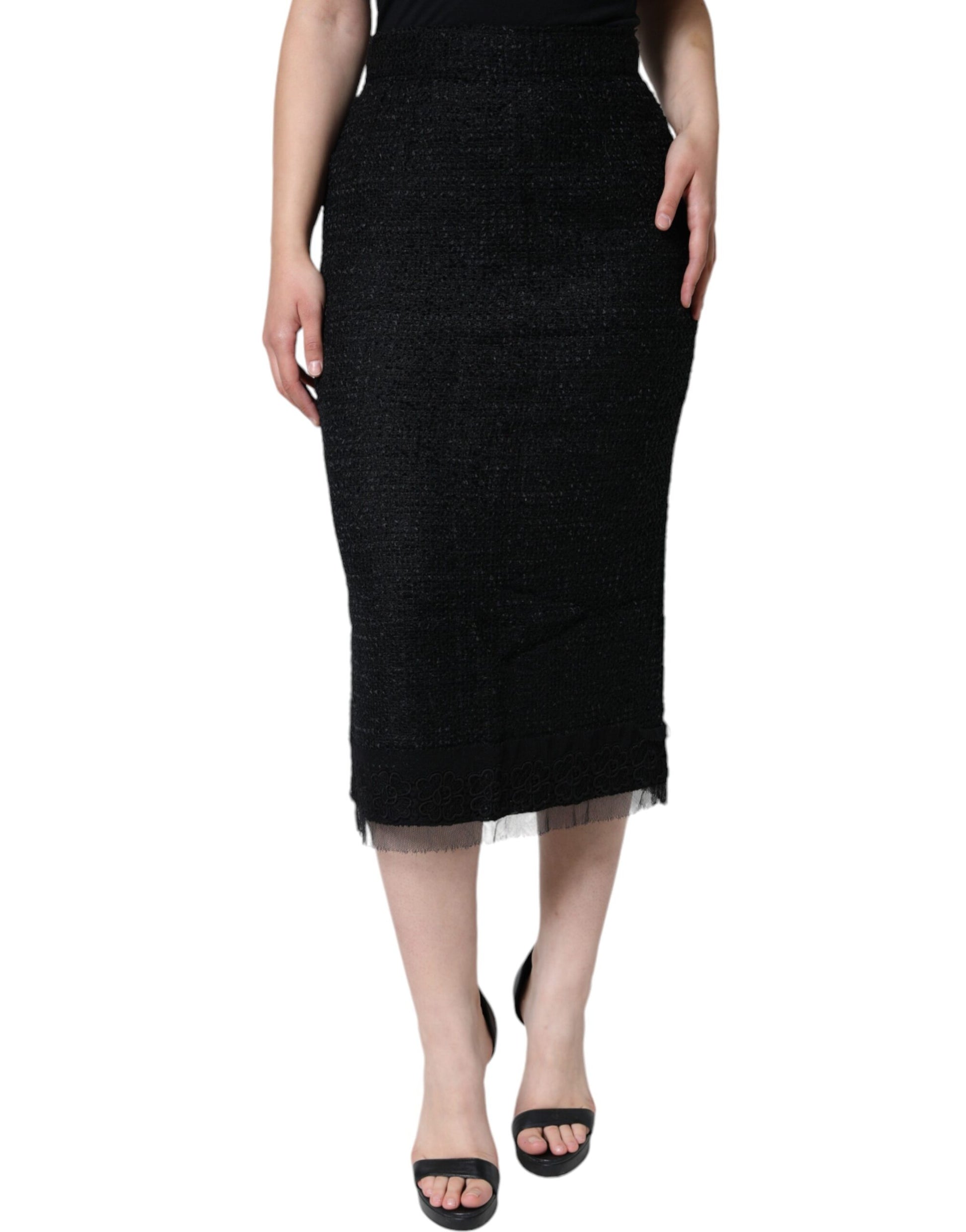 Dolce & Gabbana Black Virgin Wool Pencil Cut Midi Skirt Dolce & Gabbana
