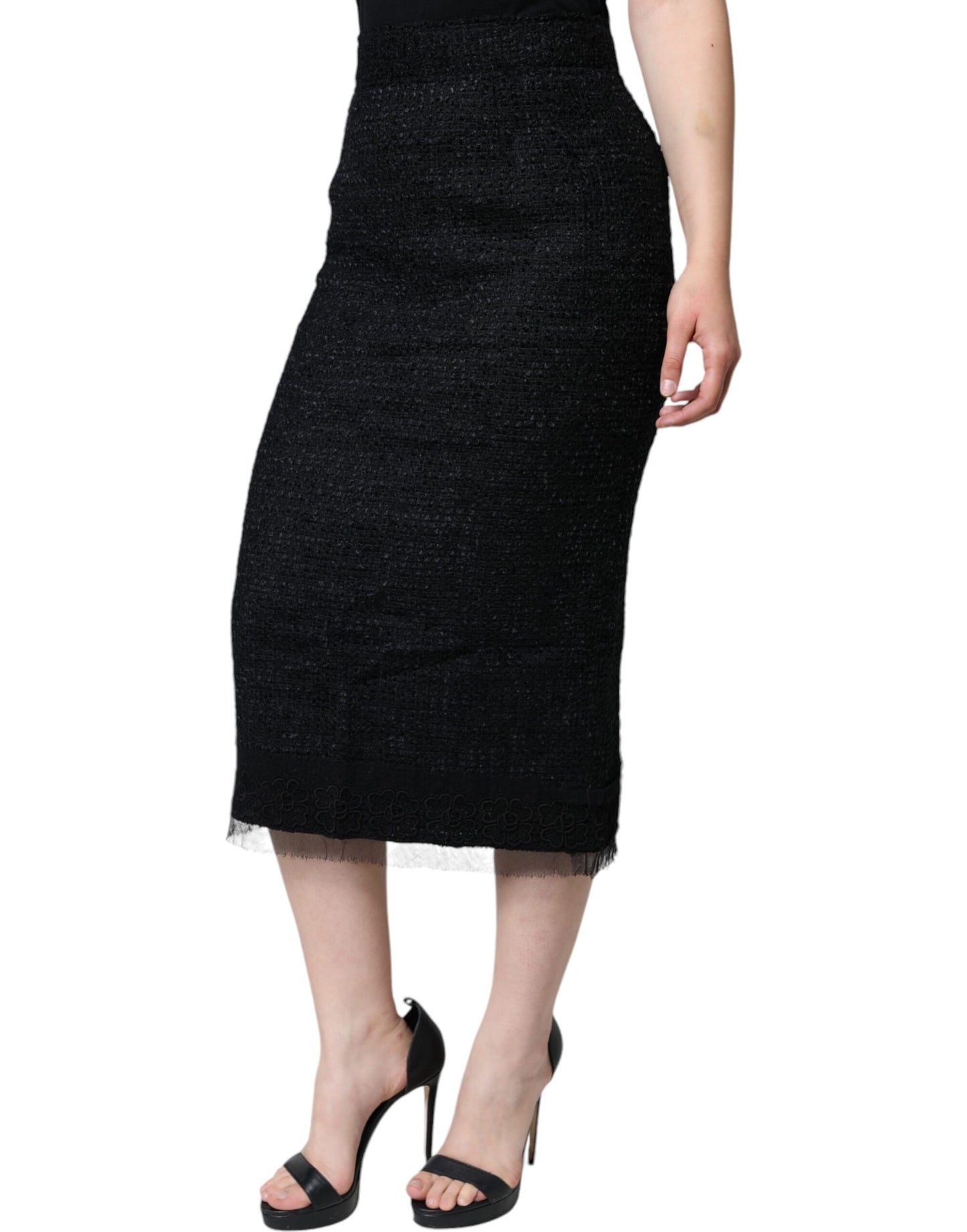 Dolce & Gabbana Black Virgin Wool Pencil Cut Midi Skirt Dolce & Gabbana
