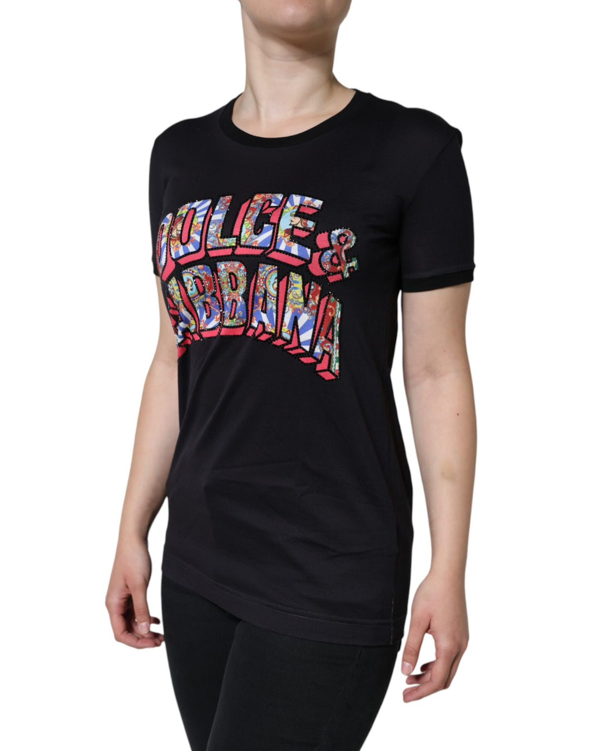 Dolce & Gabbana Black Cotton Logo Print Round Neck T-shirt - Eljoys Fashion 