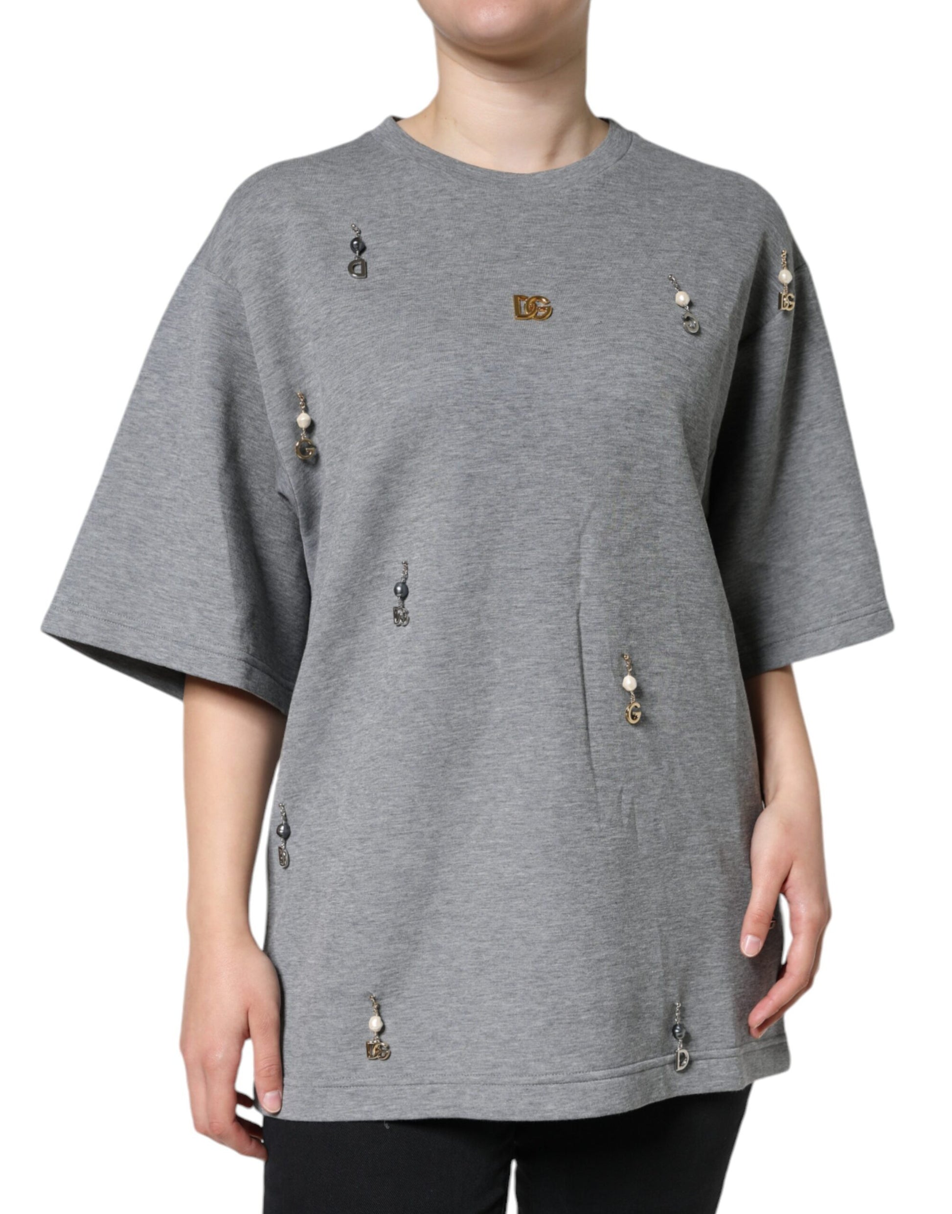 Dolce & Gabbana Gray Cotton Blend Embellished Tee T-shirt Dolce & Gabbana