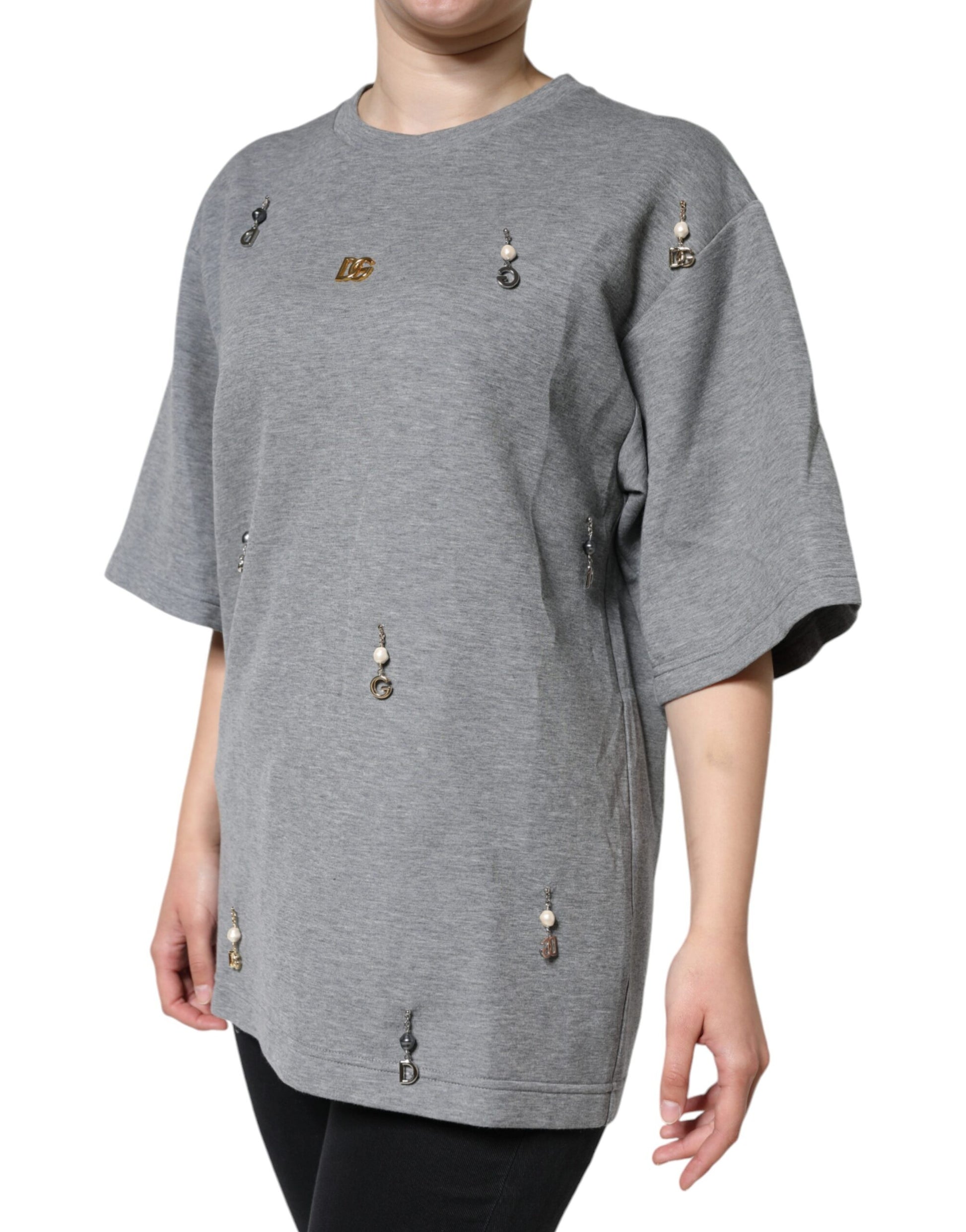 Dolce & Gabbana Gray Cotton Blend Embellished Tee T-shirt Dolce & Gabbana
