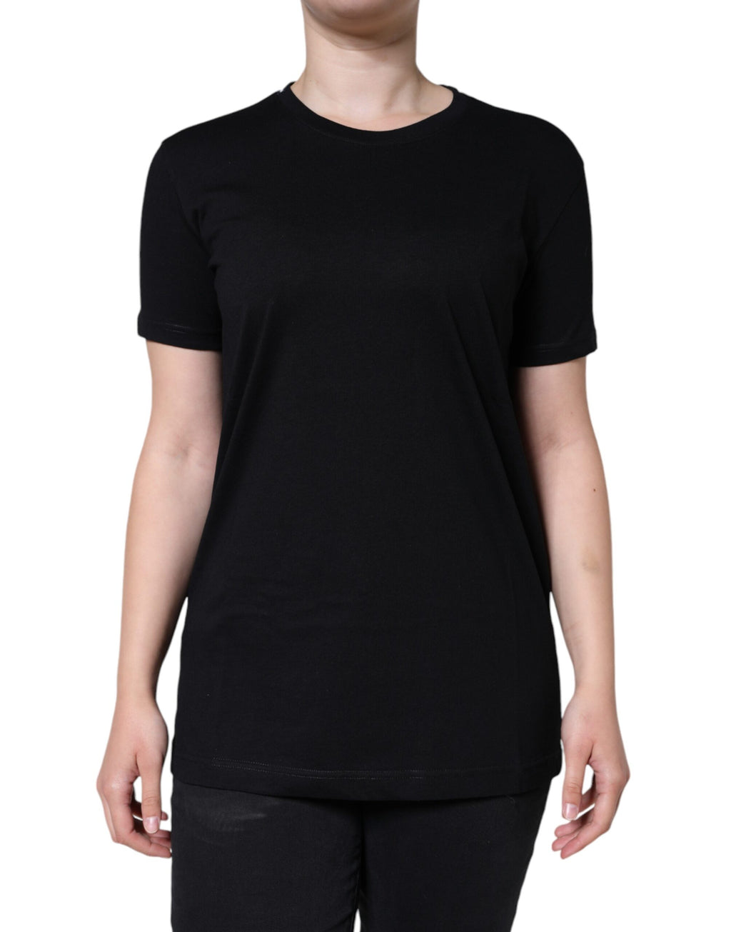 Black cotton crew neck short sleeve T-shirt by Dolce & Gabbana, featuring a simple, classic design with a comfortable fit.