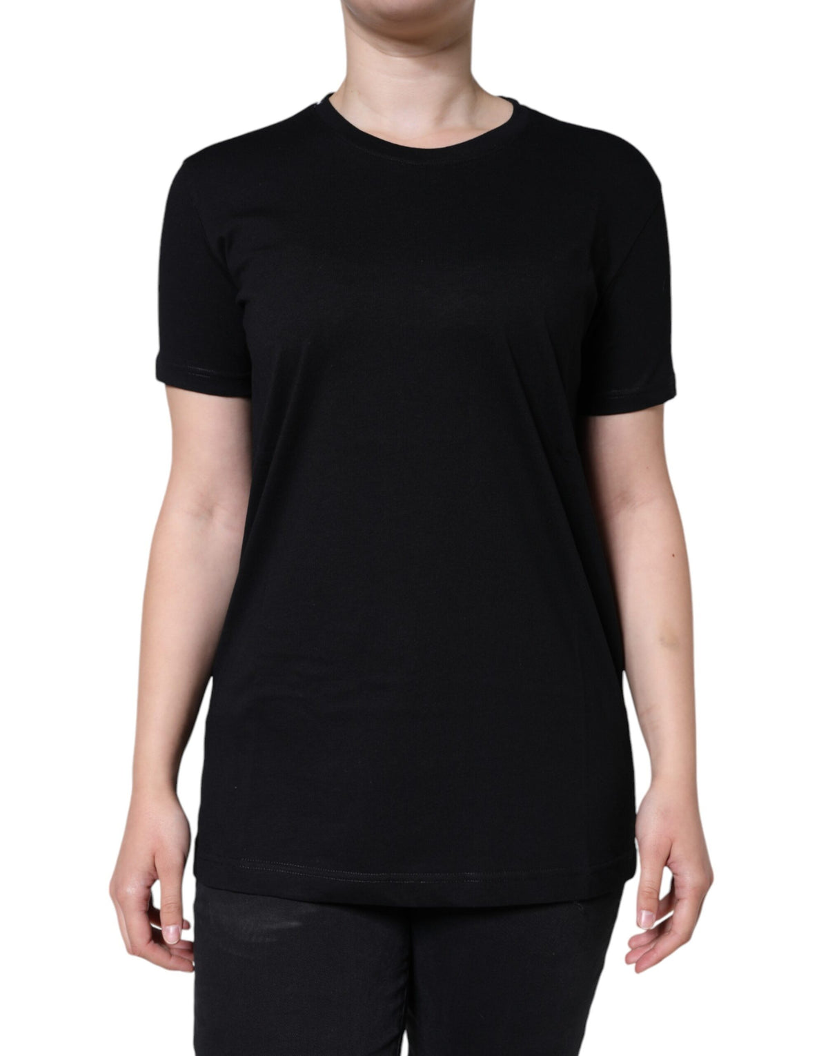 Black cotton crew neck short sleeve T-shirt by Dolce & Gabbana, featuring a simple, classic design with a comfortable fit.
