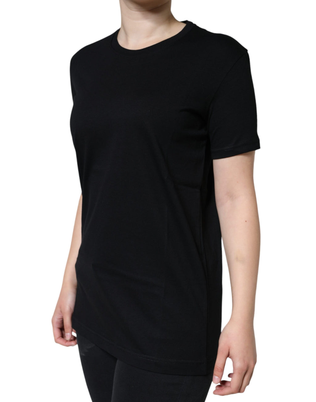 Black cotton crew neck short sleeve T-shirt by Dolce & Gabbana, plain design with subtle branding details.