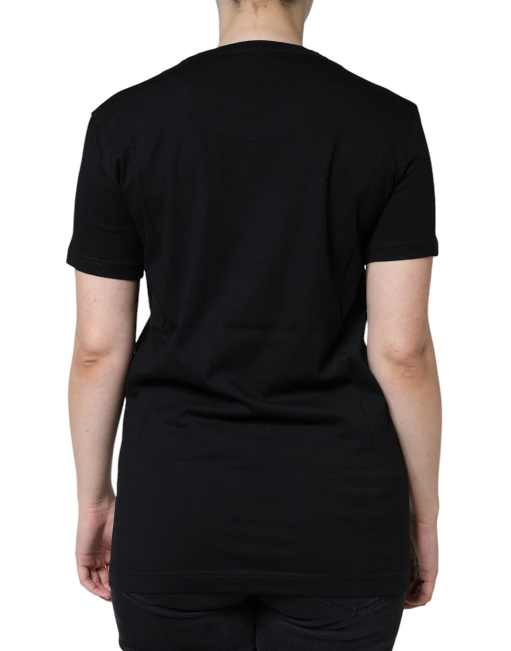Black cotton Dolce & Gabbana crew neck short sleeve T-shirt displayed flat, showcasing its simple, stylish design.