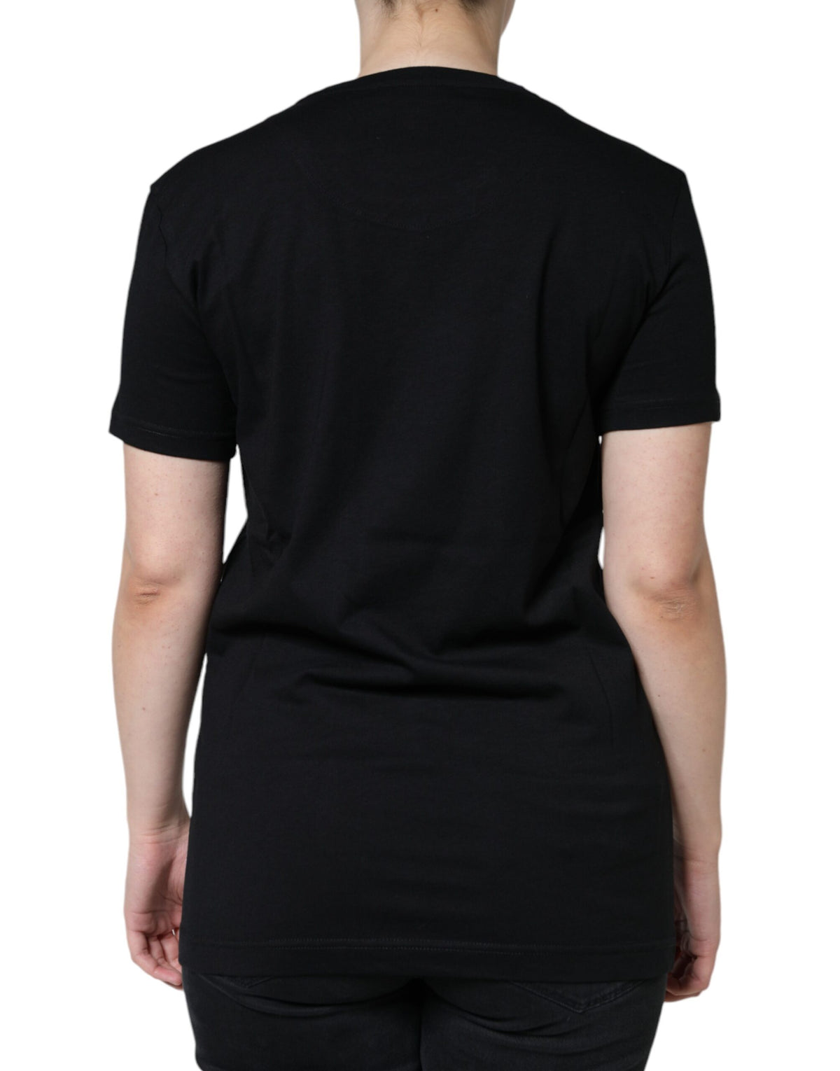 Black cotton Dolce & Gabbana crew neck short sleeve T-shirt displayed flat, showcasing its simple, stylish design.