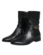 Dolce & Gabbana Black Leather Logo Mid Calf Boots Shoes - Eljoys Fashion 
