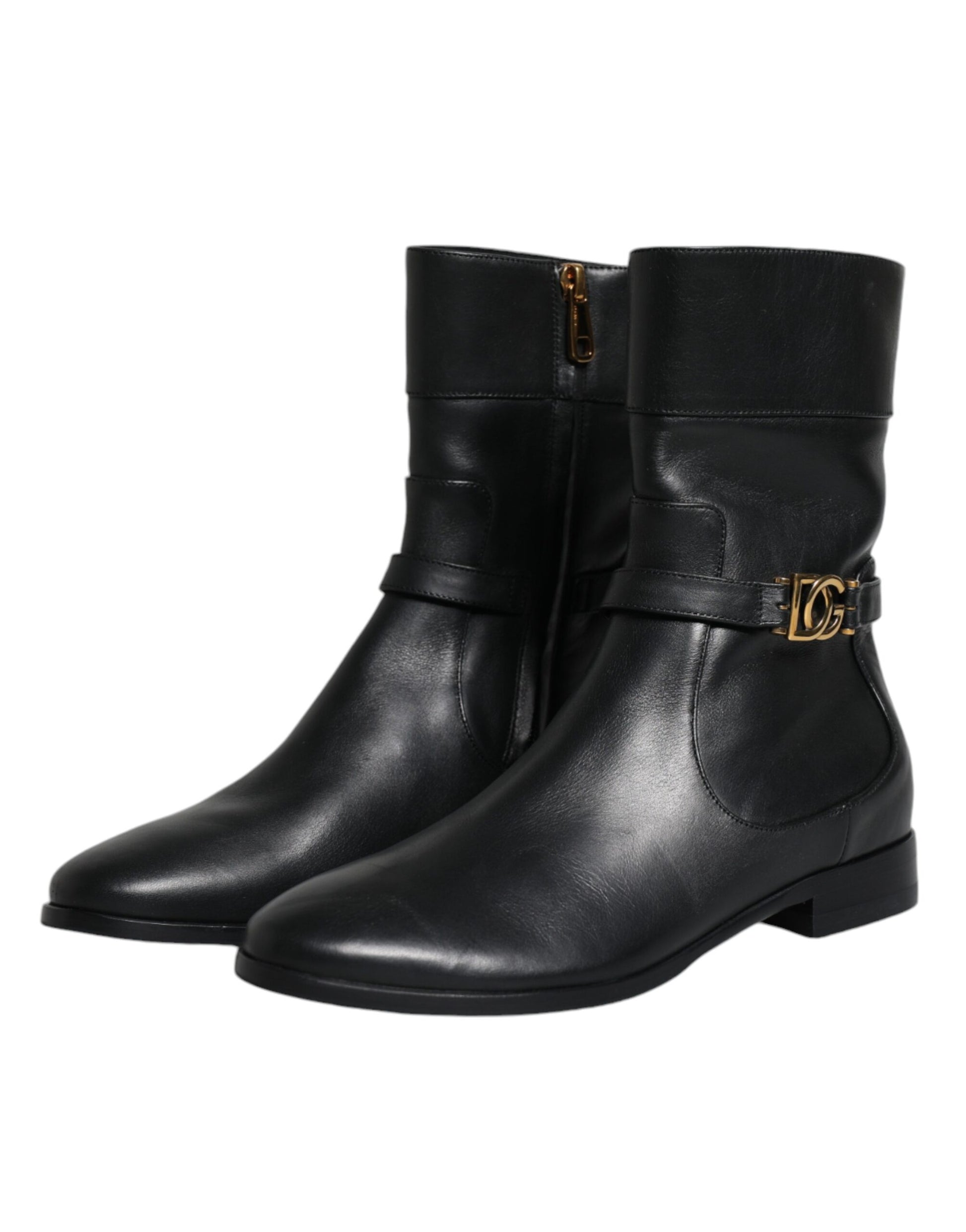 Dolce & Gabbana Black Leather Logo Mid Calf Boots Shoes Dolce & Gabbana