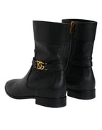 Dolce & Gabbana Black Leather Logo Mid Calf Boots Shoes - Eljoys Fashion 