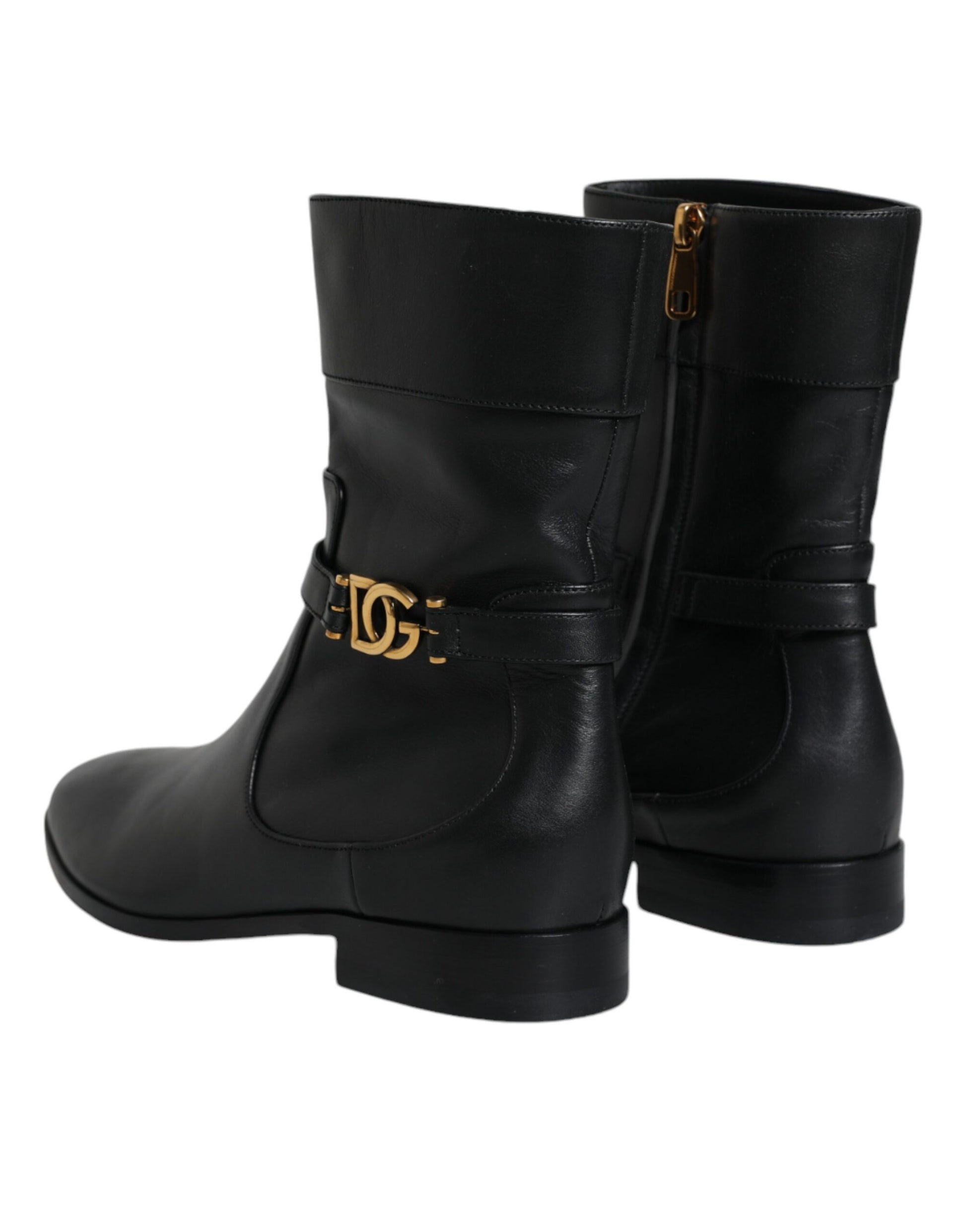 Dolce & Gabbana Black Leather Logo Mid Calf Boots Shoes Dolce & Gabbana